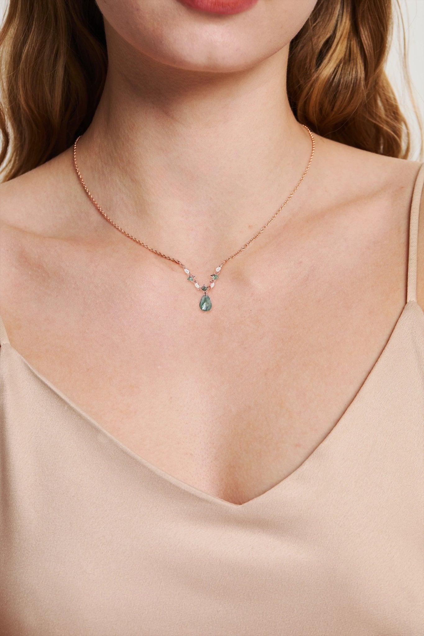 Unique Cluster Pear Cut Moss Agate and Moissanite Necklace - Oore Jewelry