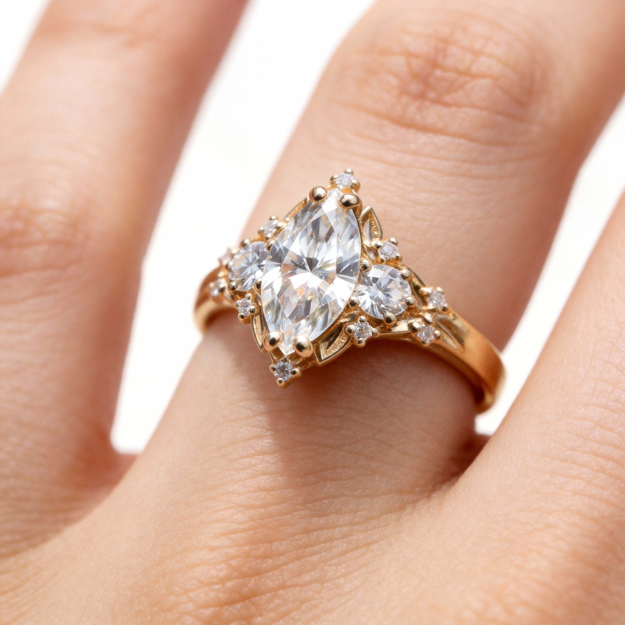 Unique Briar Rose Three Stone Marquise Moissanite Engagement Ring - Oore Jewelry