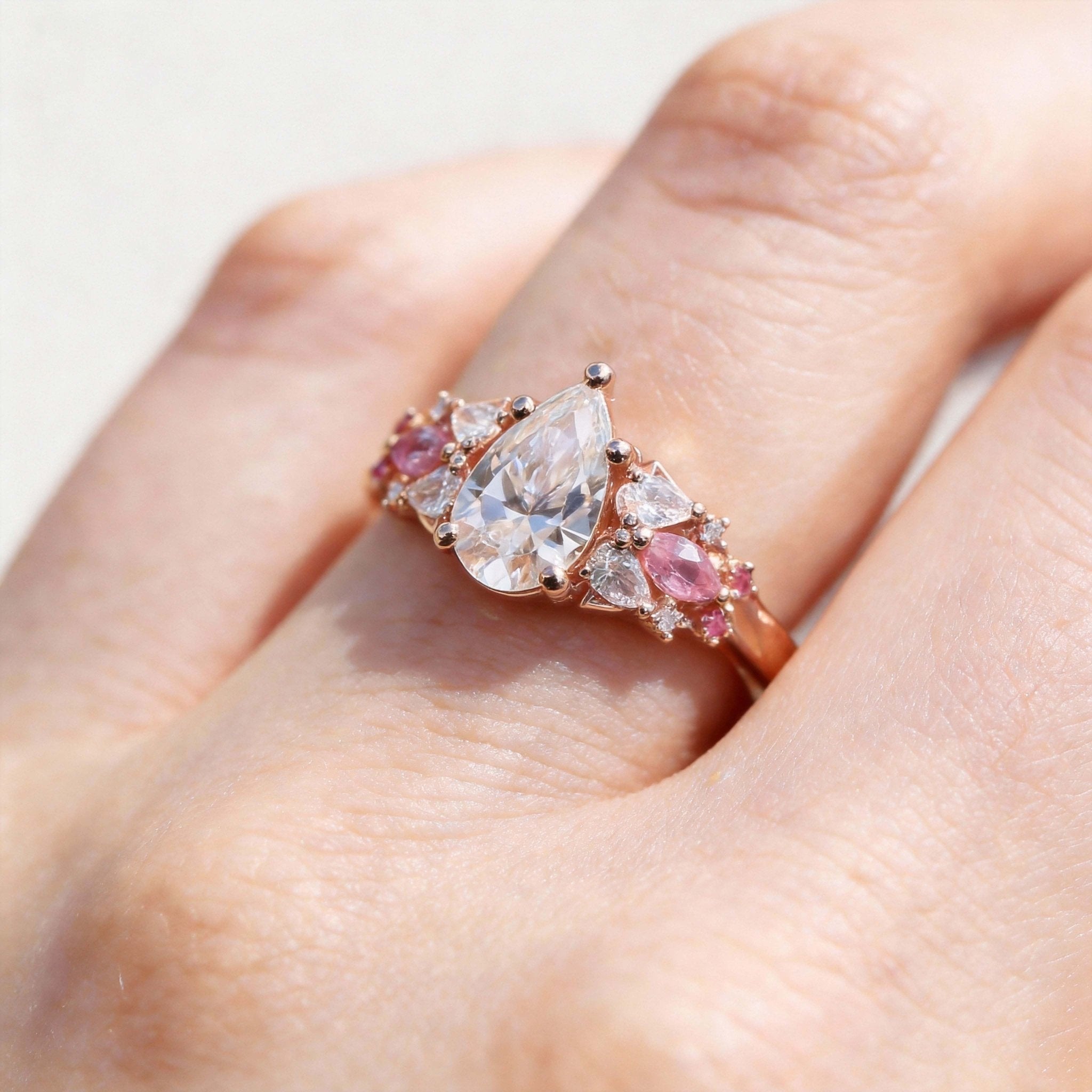 Nature Inspired Pear Moissanite and Pink Sapphire Engagement Ring - Oore Jewelry