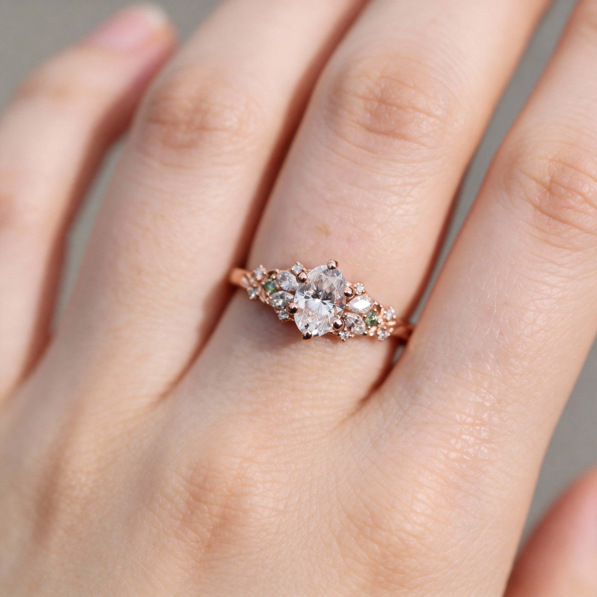 Enchanted Garden Oval Moissanite and Green Sapphire Engagement Ring - Oore Jewelry