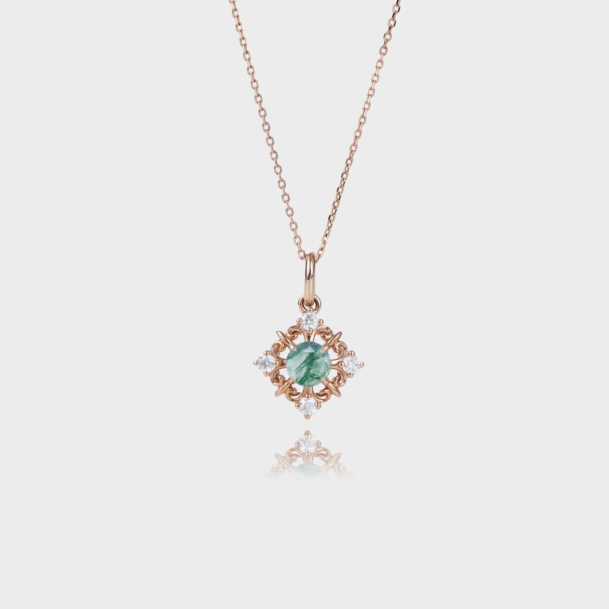Vintage Round Cut Moss Agate Necklace Filigree Hollow Pendant Necklace - Oore Jewelry