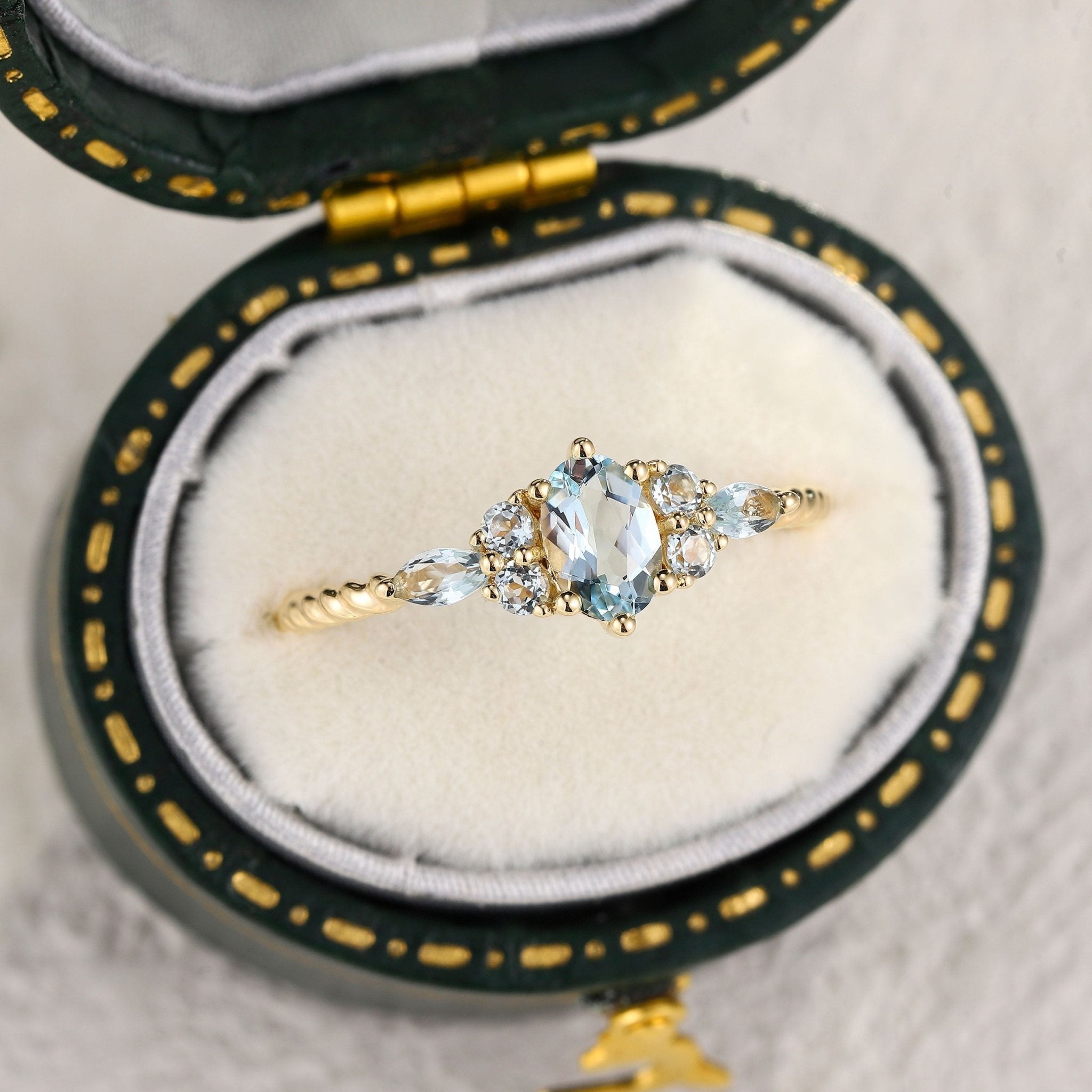 Vintage Oval Lab Aquamarine Twisted Engagement Ring for Women - Oore Jewelry