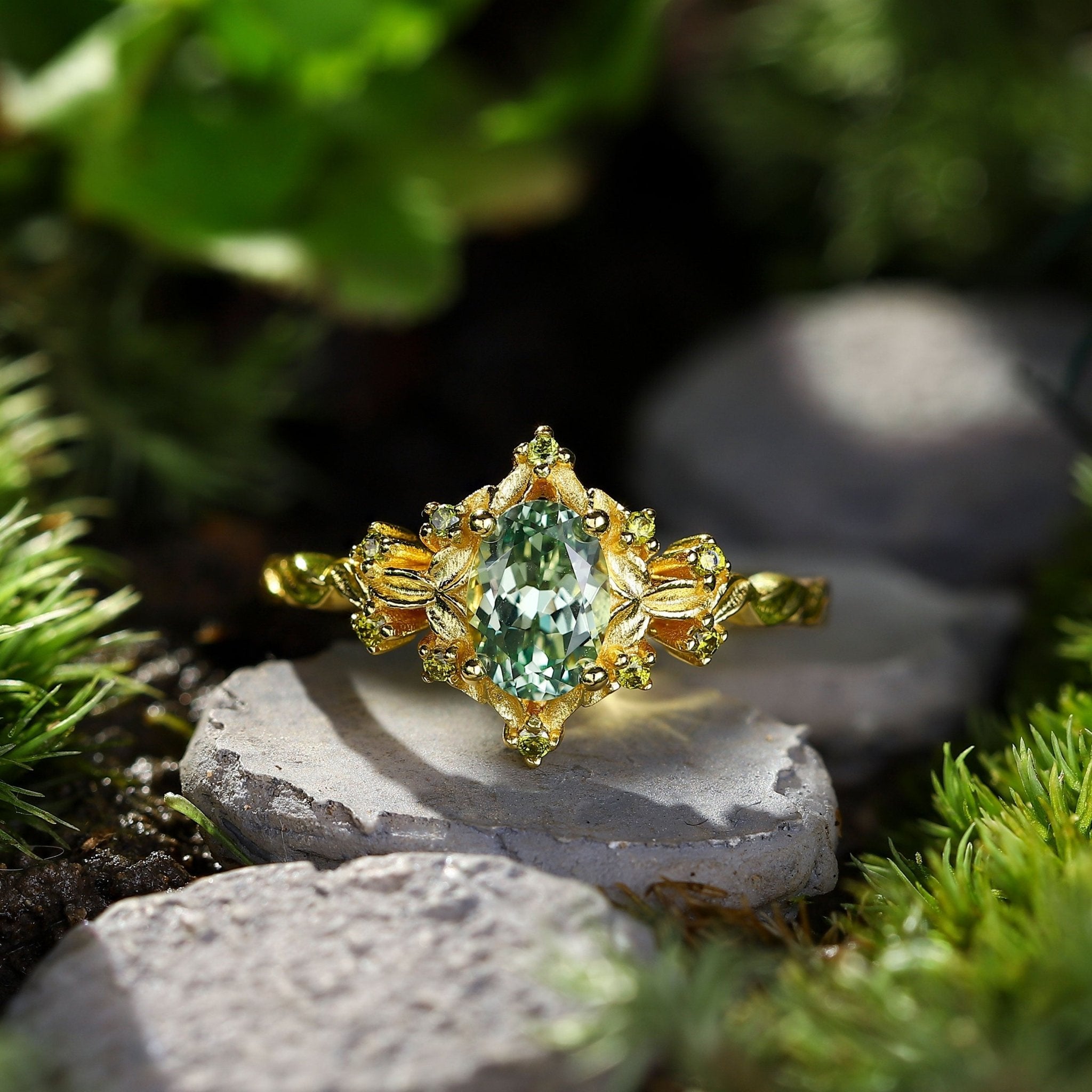 Unique Briar Rose Halo Oval Green Lab Sapphire Ring - Oore Jewelry