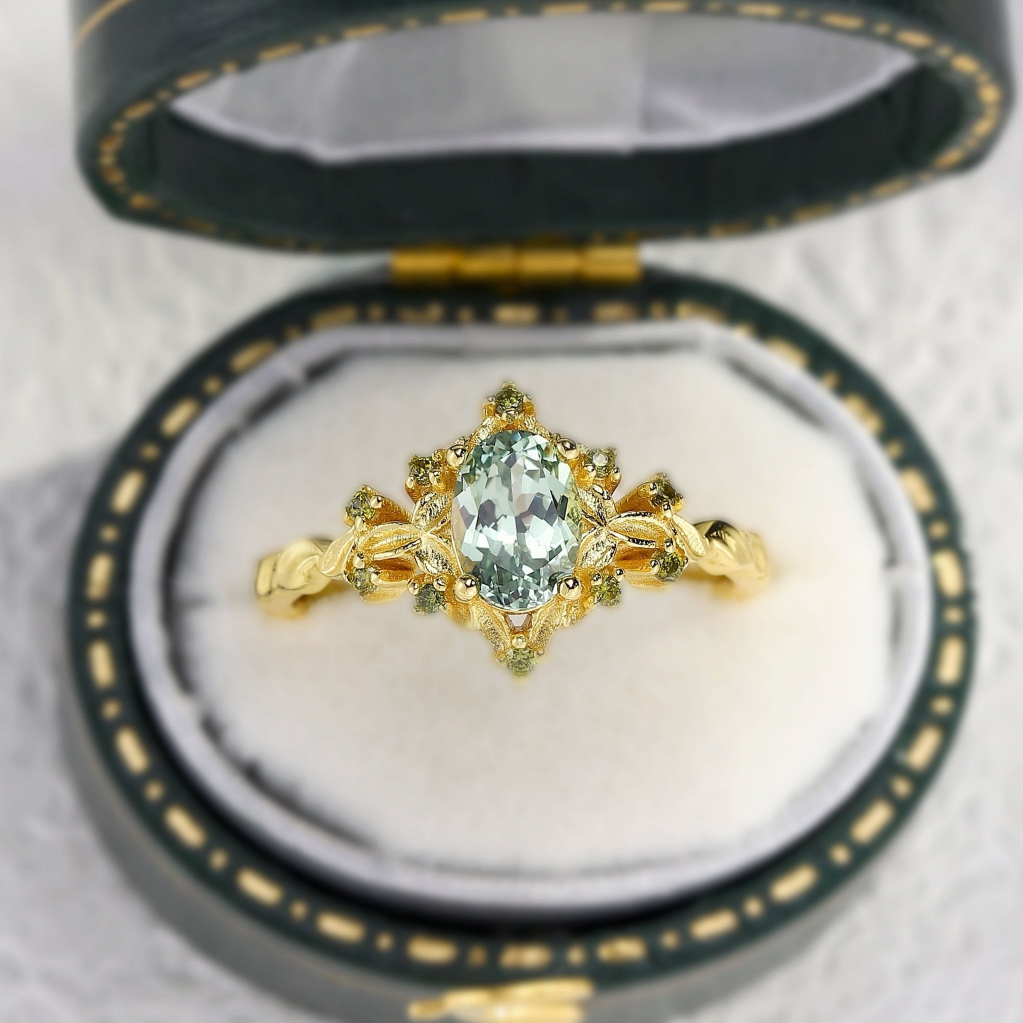 Unique Briar Rose Halo Oval Green Lab Sapphire Ring - Oore Jewelry