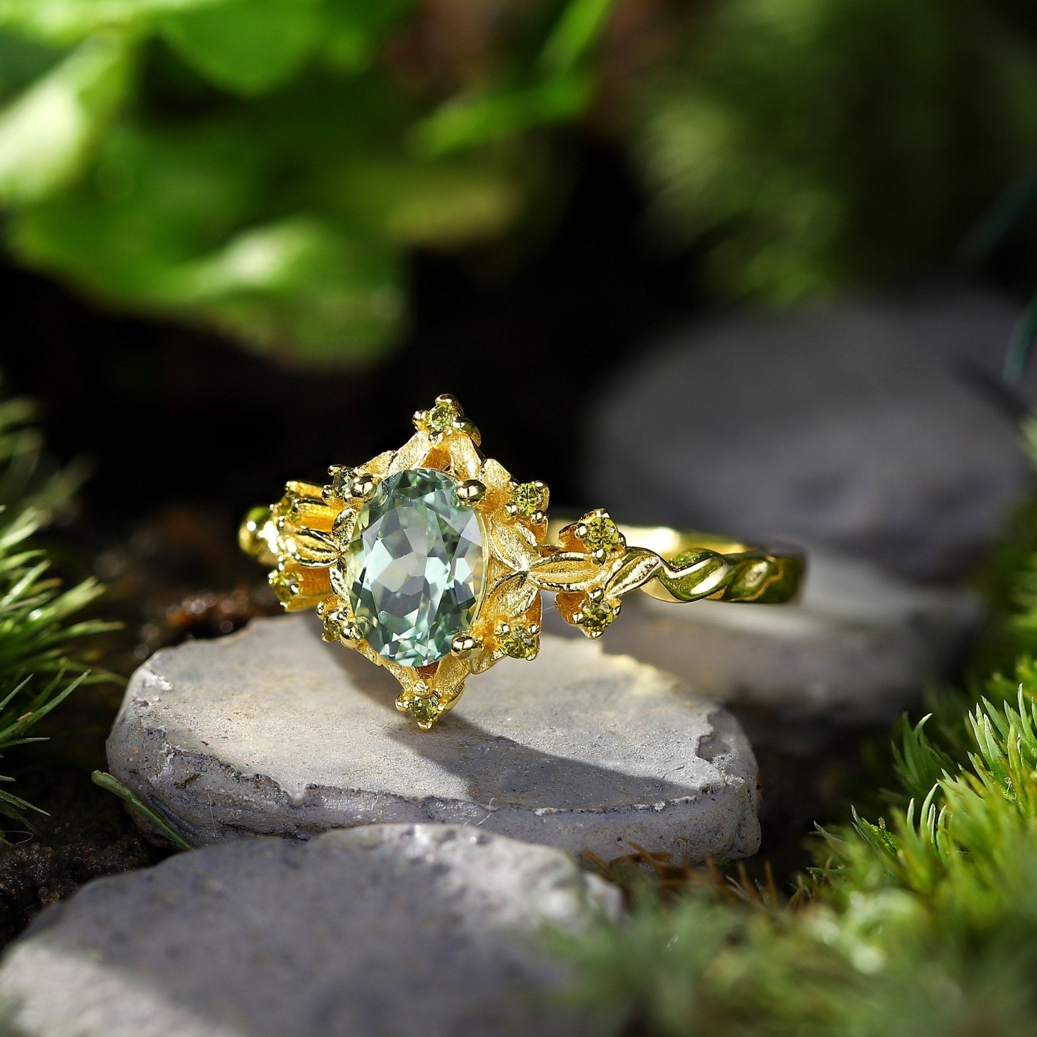 Unique Briar Rose Halo Oval Green Lab Sapphire Ring - Oore Jewelry