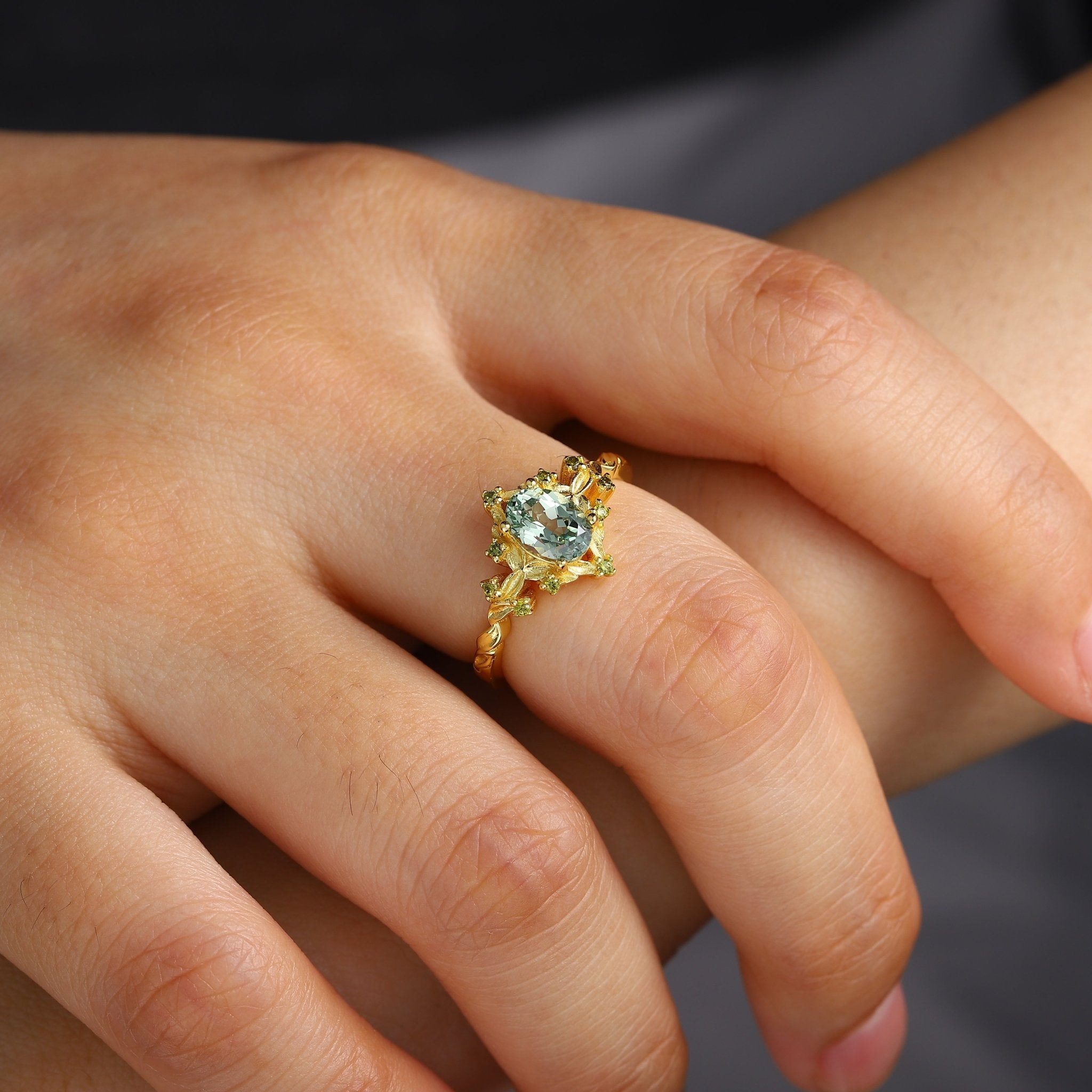 Unique Briar Rose Halo Oval Green Lab Sapphire Ring - Oore Jewelry