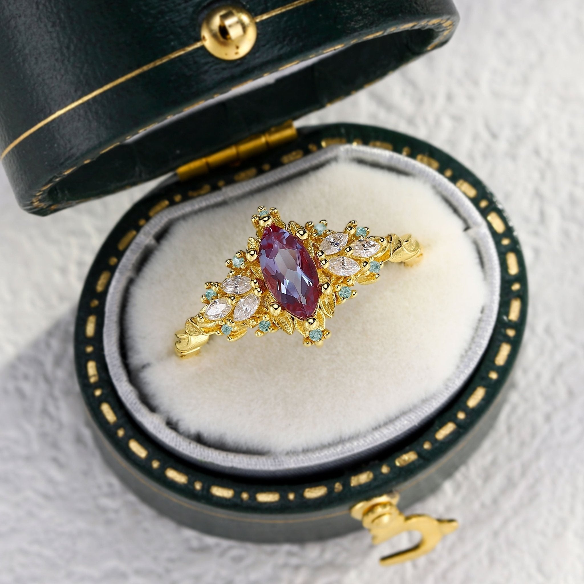 Unique Briar Rose Starlight Marquise Lab Alexandrite Ring - Oore Jewelry