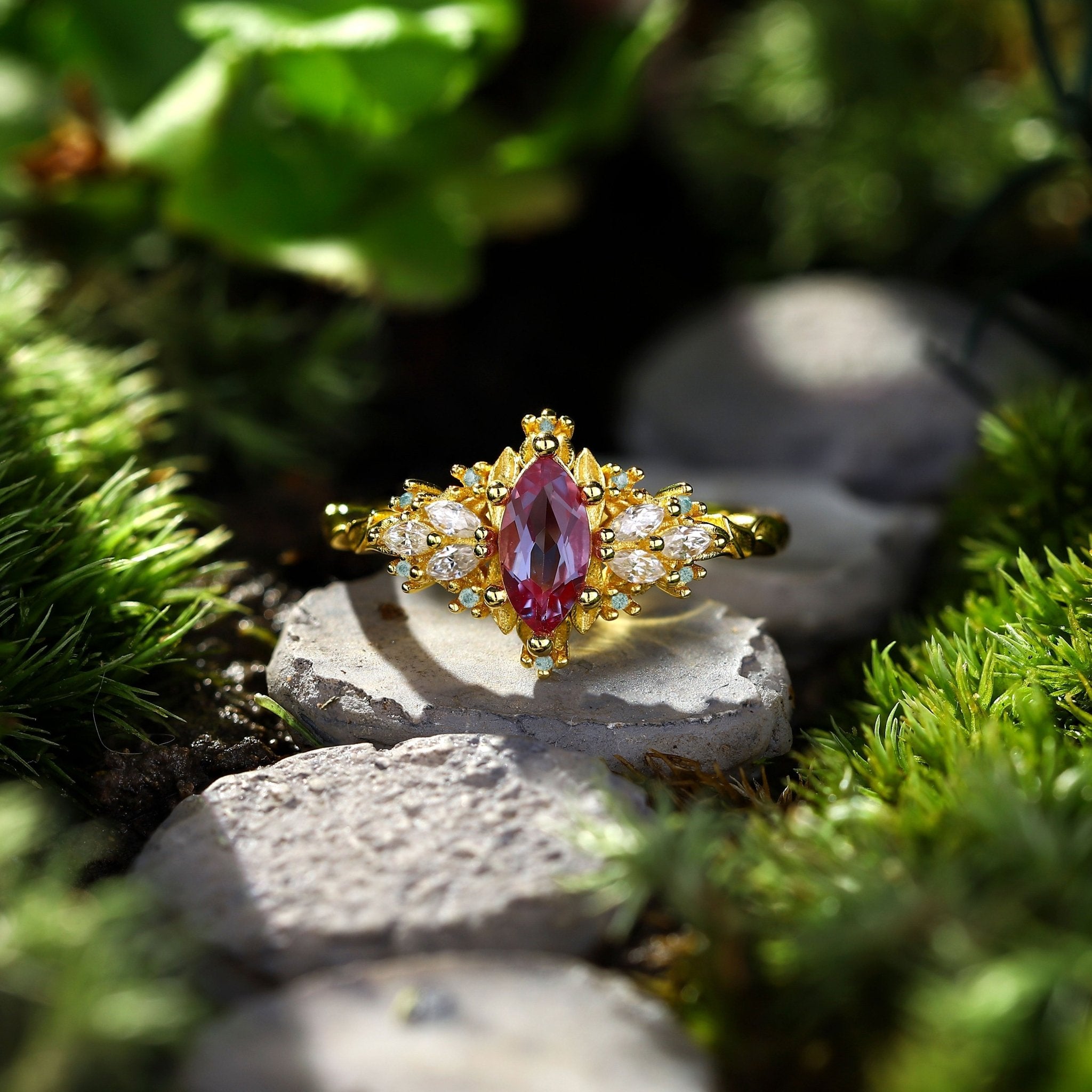 Unique Briar Rose Starlight Marquise Lab Alexandrite Ring - Oore Jewelry