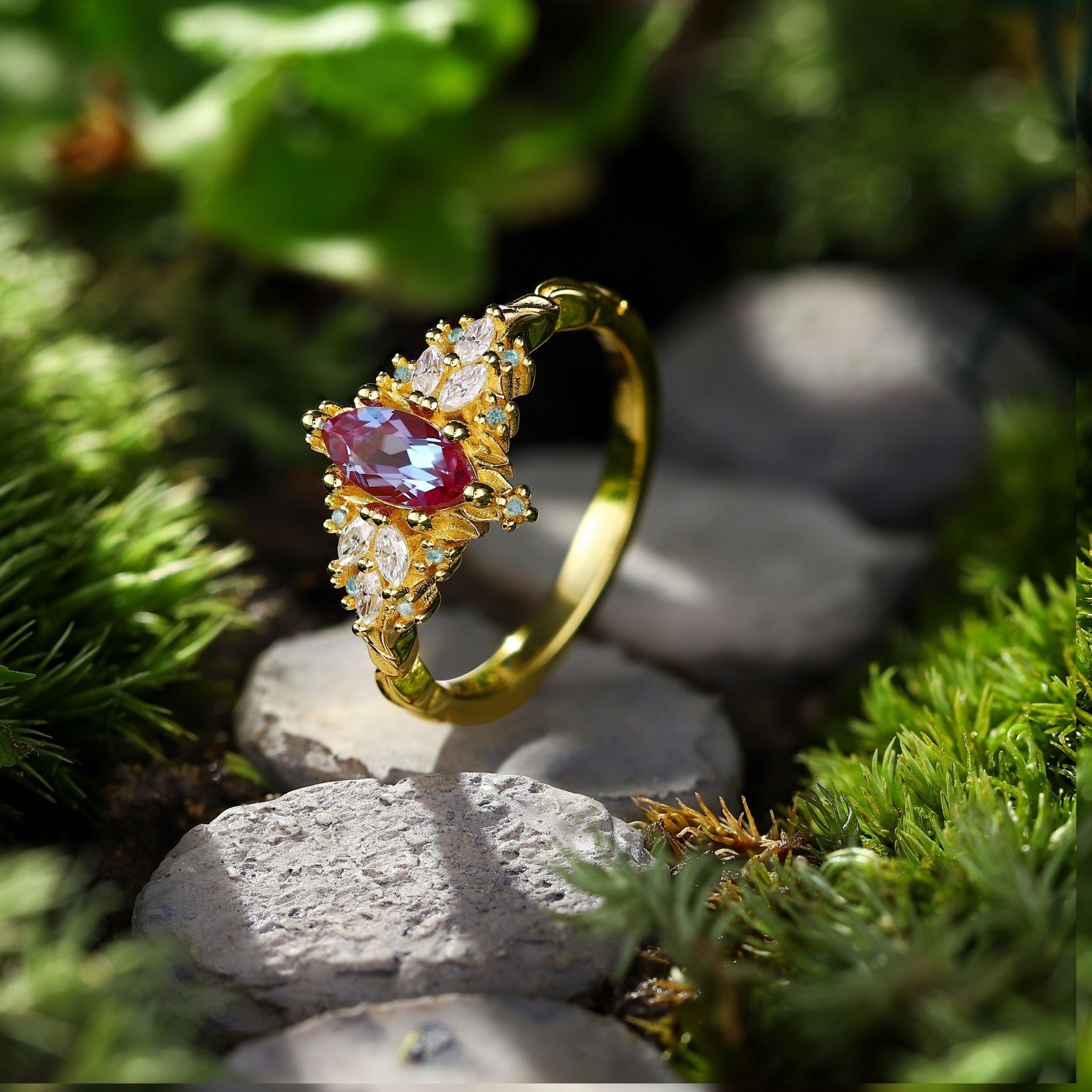 Unique Briar Rose Starlight Marquise Lab Alexandrite Ring - Oore Jewelry
