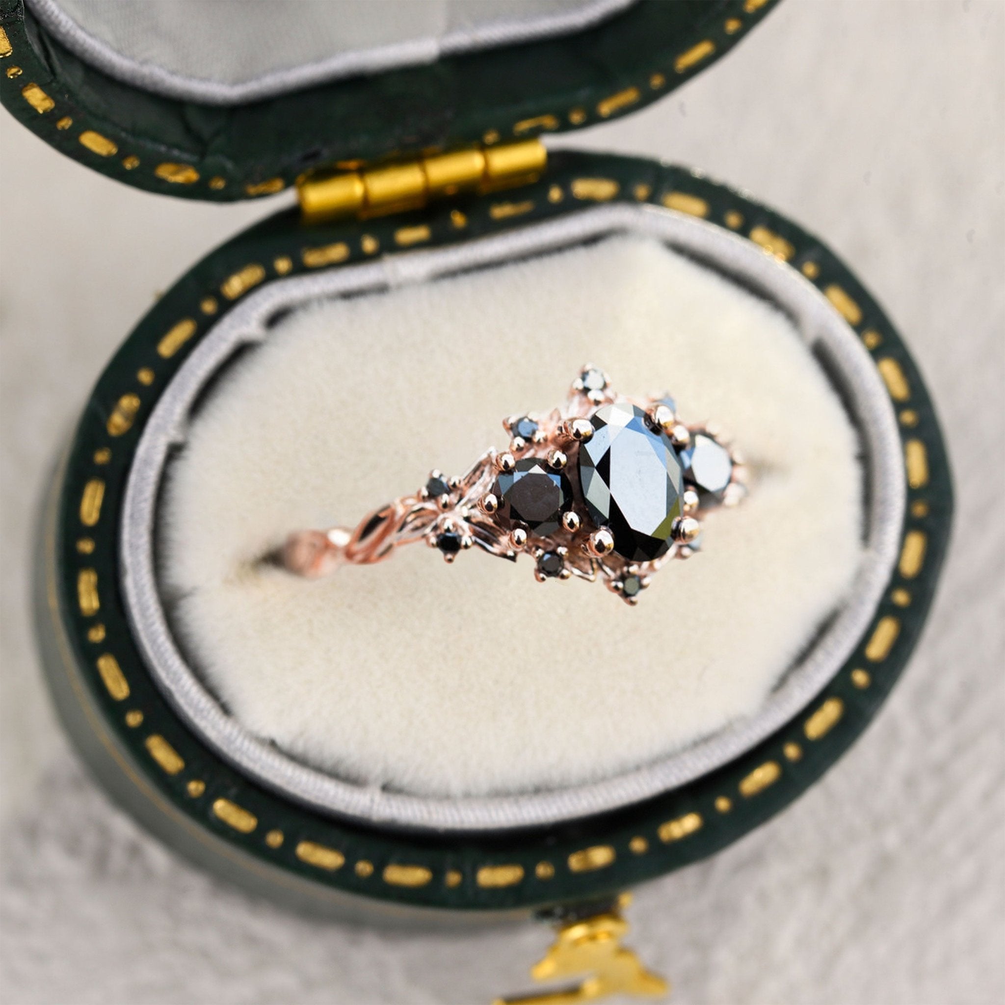 Unique Briar Rose Three Stone Oval Black Moissanite Ring - Oore Jewelry