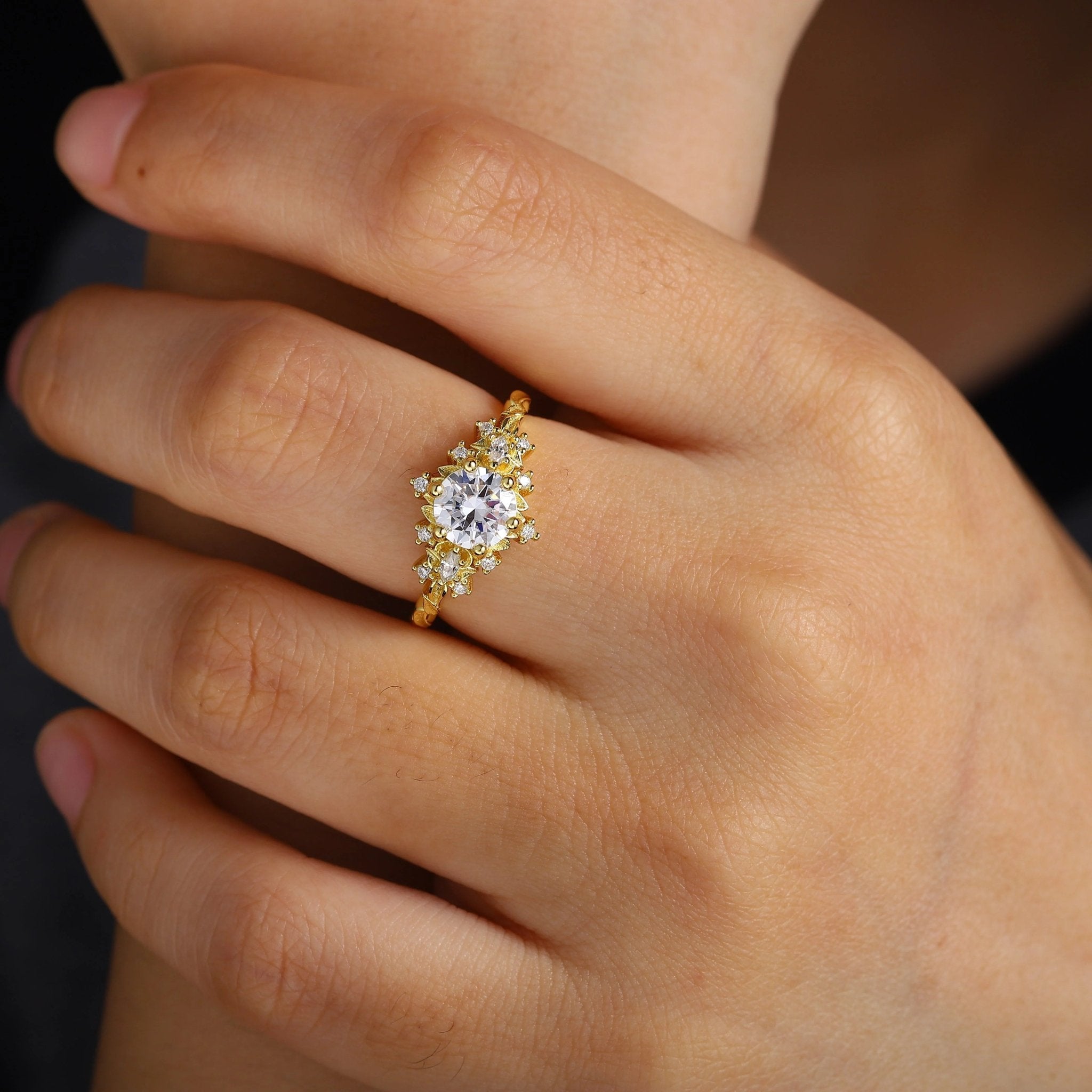 Unique floral engagement rings Rose Three Stone Round Moissanite Ring - Oore Jewelry