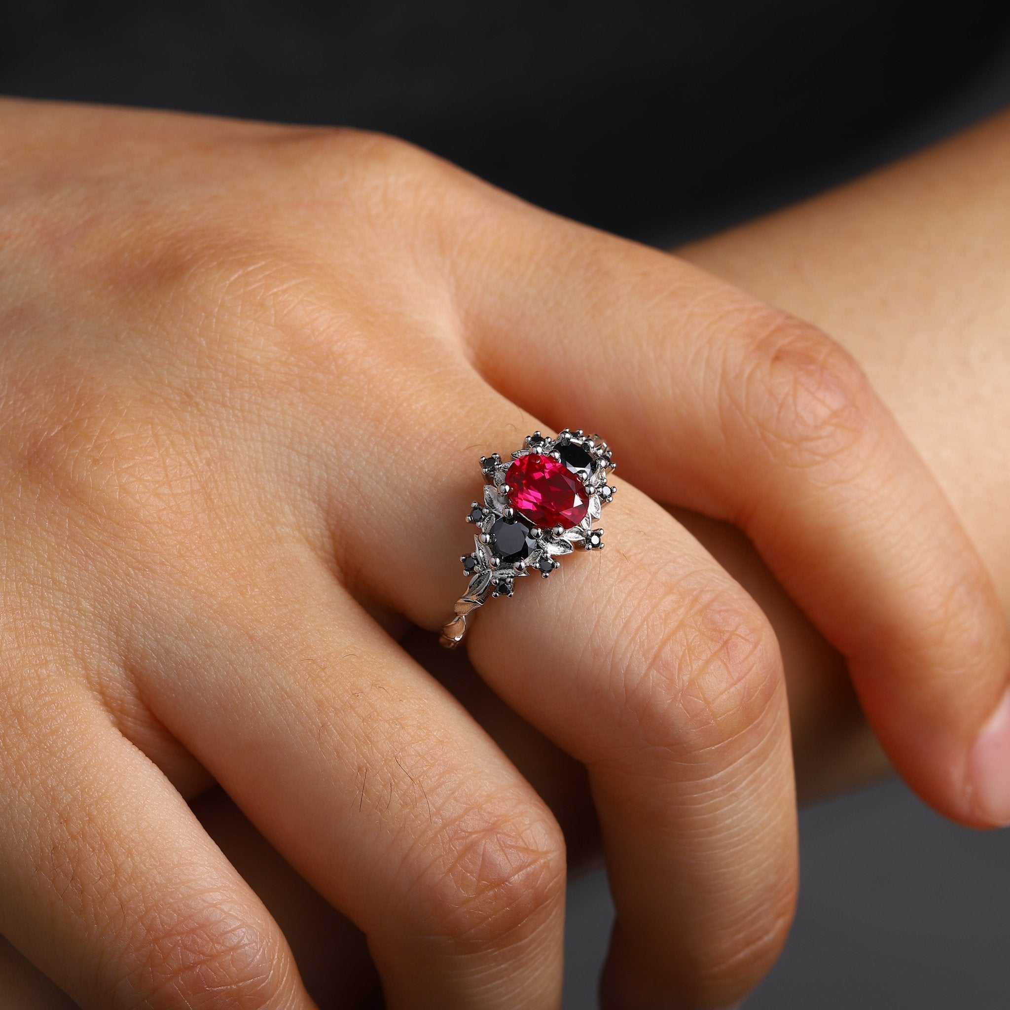 Unique Briar Rose Three Stone Oval Lab Ruby and Black onyx Ring - Oore Jewelry