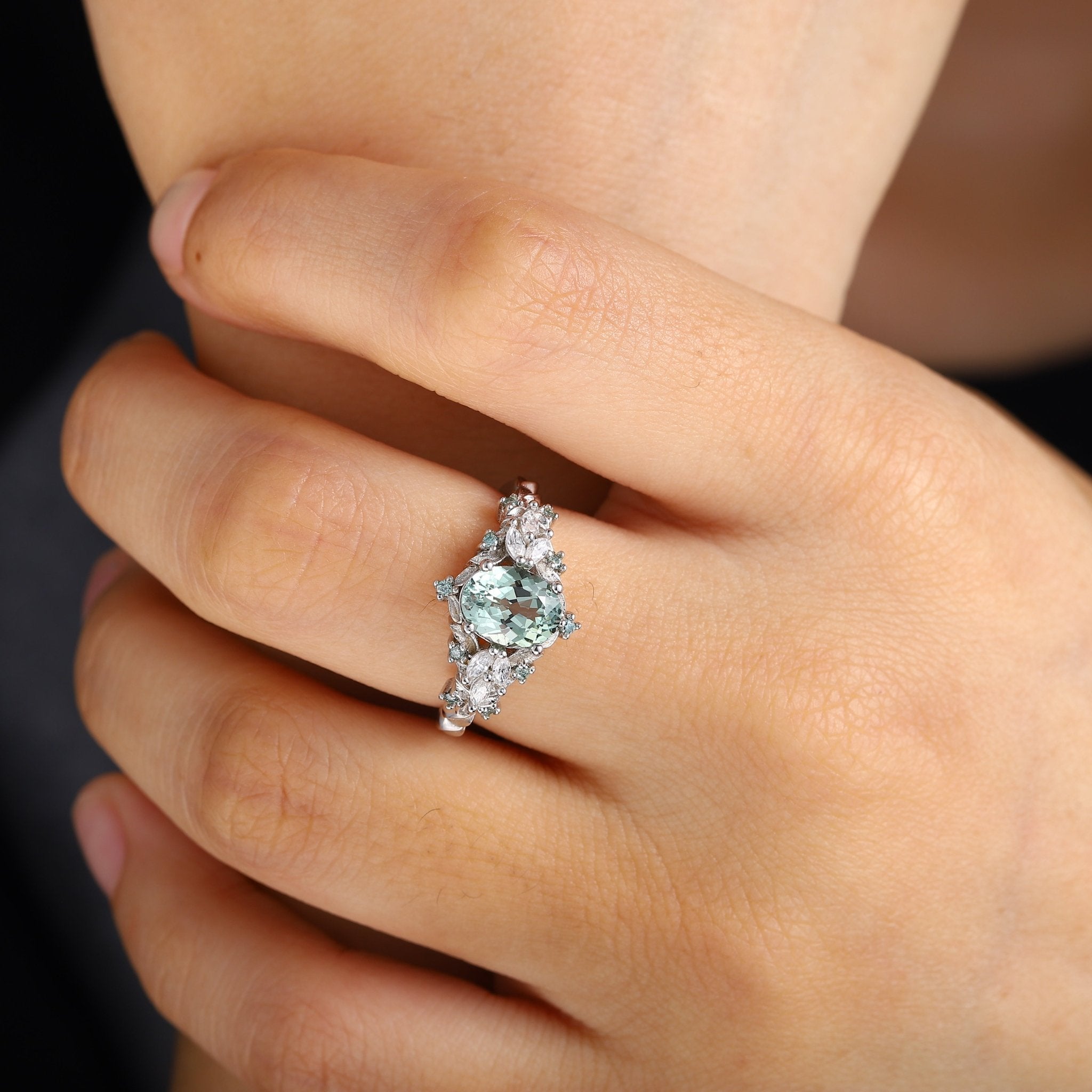 Unique Starlight Oval Green Lab Sapphire Engagement Ring - Oore Jewelry