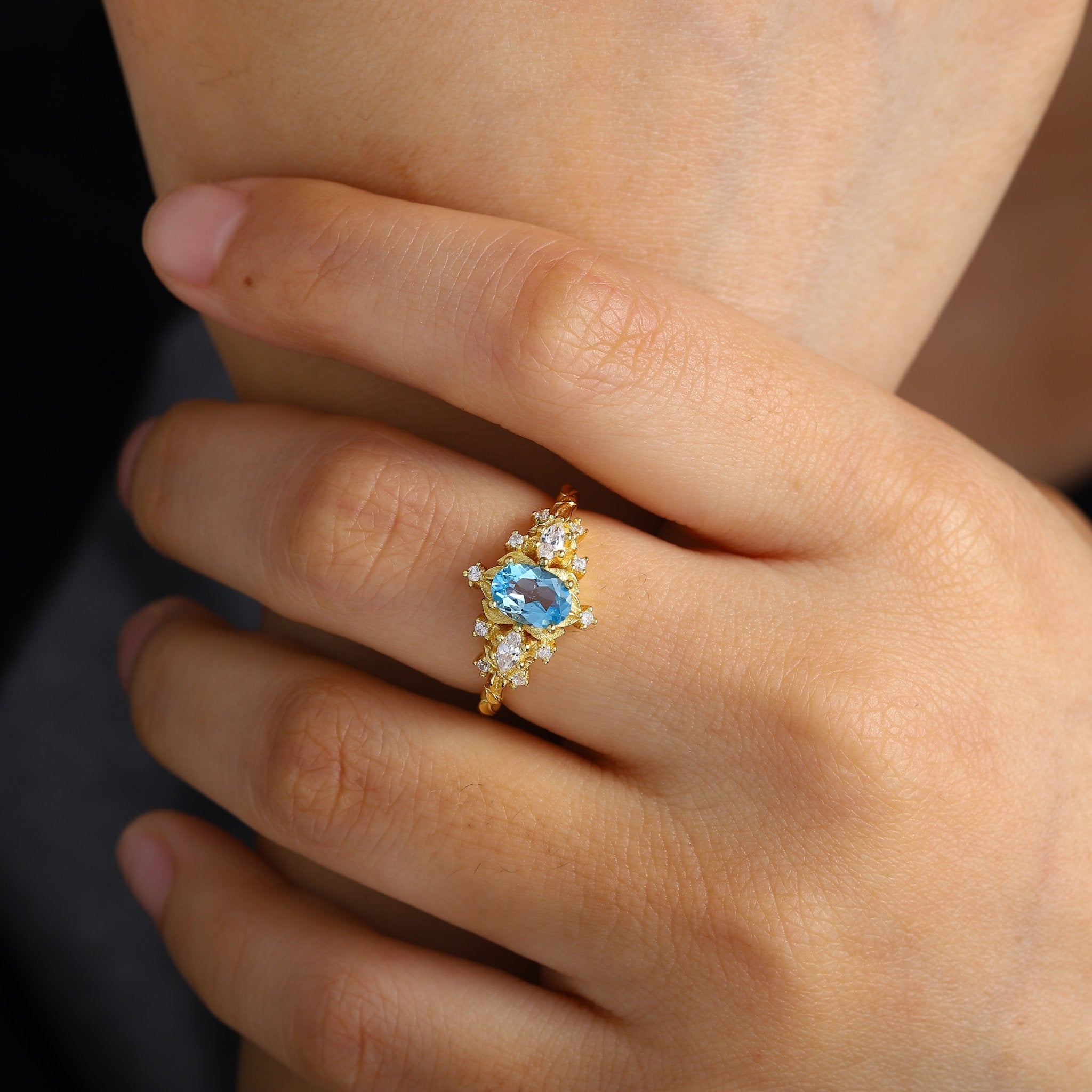 Unique Briar Rose Three Stone Oval Lab Topaz Ring - Oore Jewelry