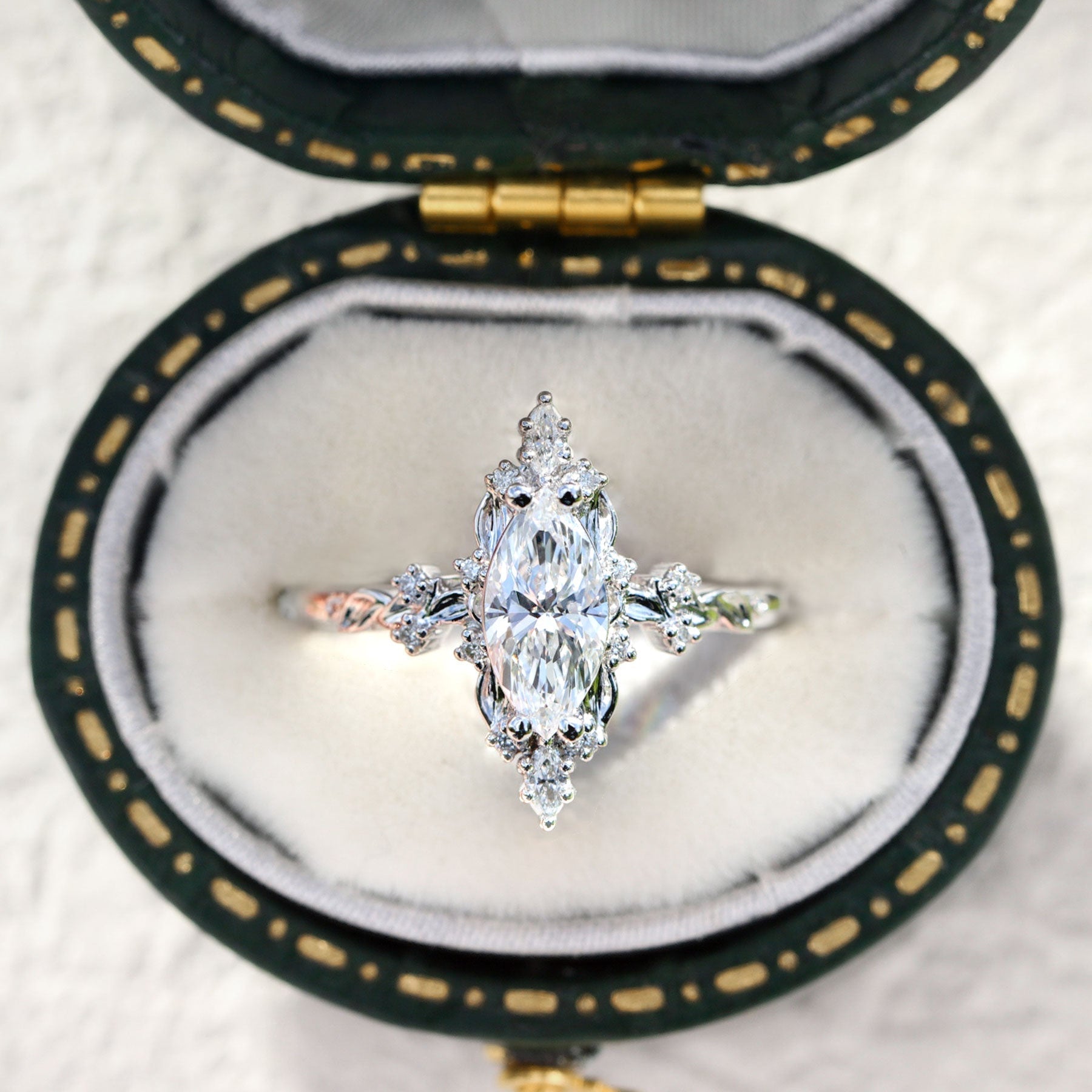 Unique Briar Halo Marquise Moissanite 14k white gold Engagement Ring
