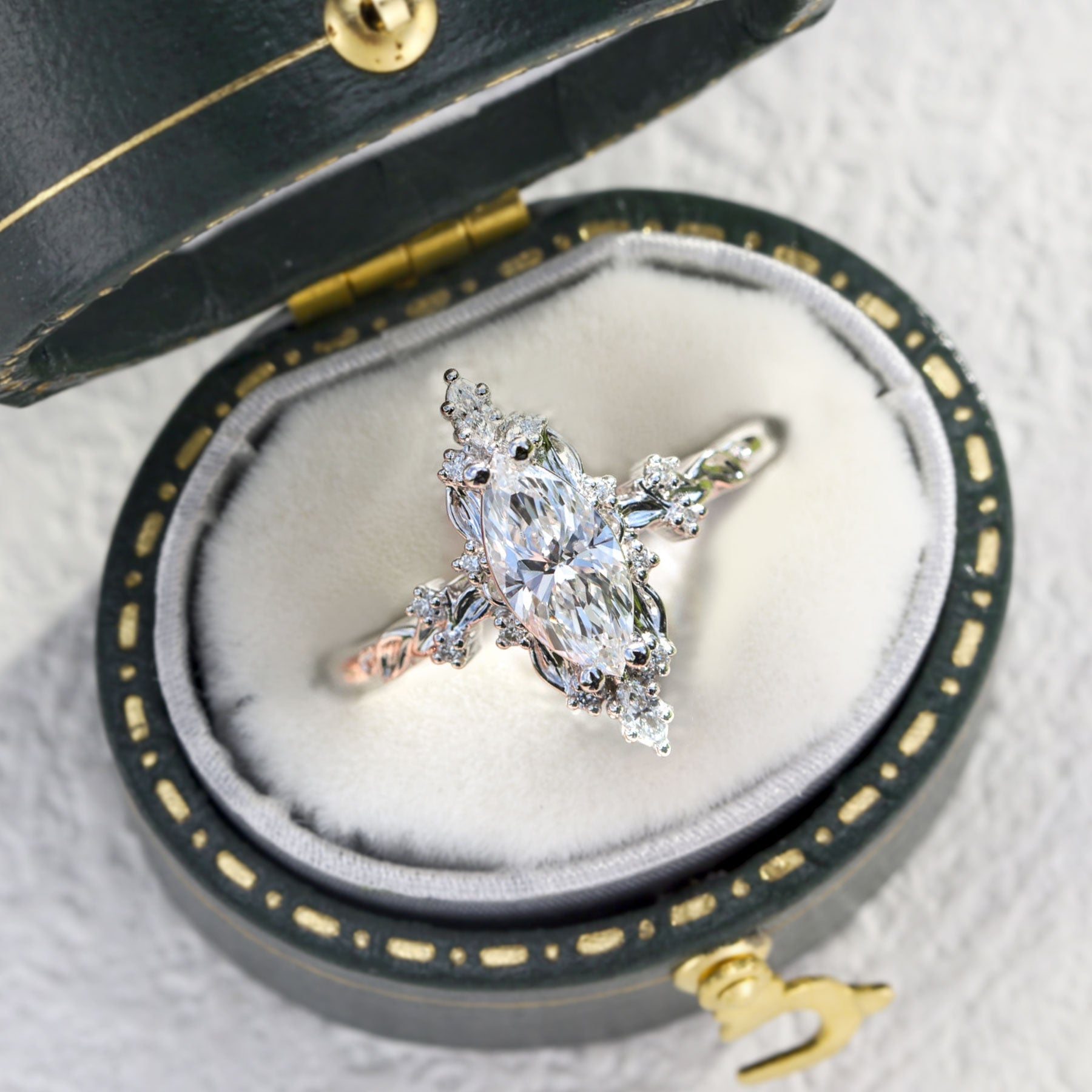 Unique Briar Halo Marquise Moissanite 14k white gold Engagement Ring