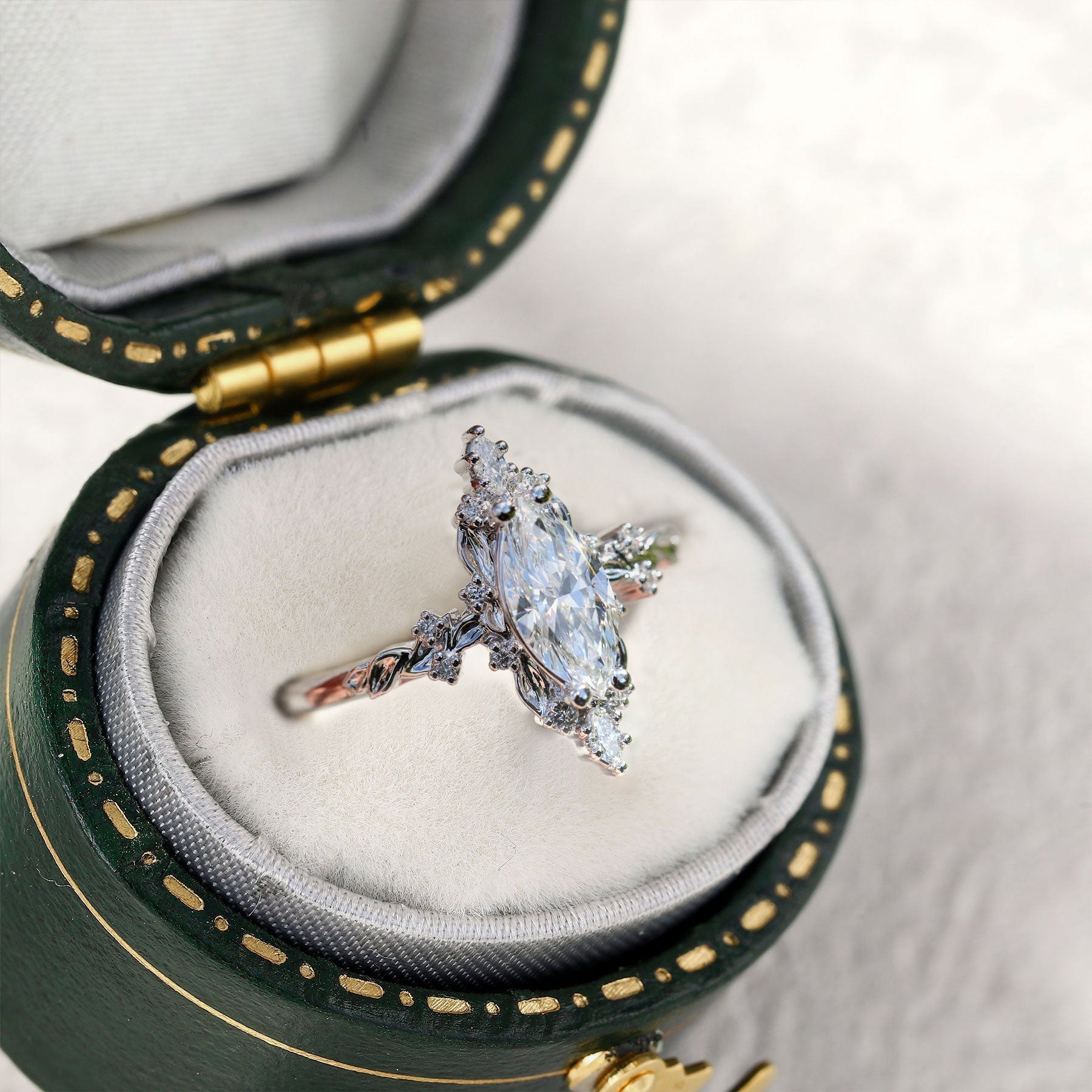 Unique Briar Halo Marquise Moissanite 14k white gold Engagement Ring