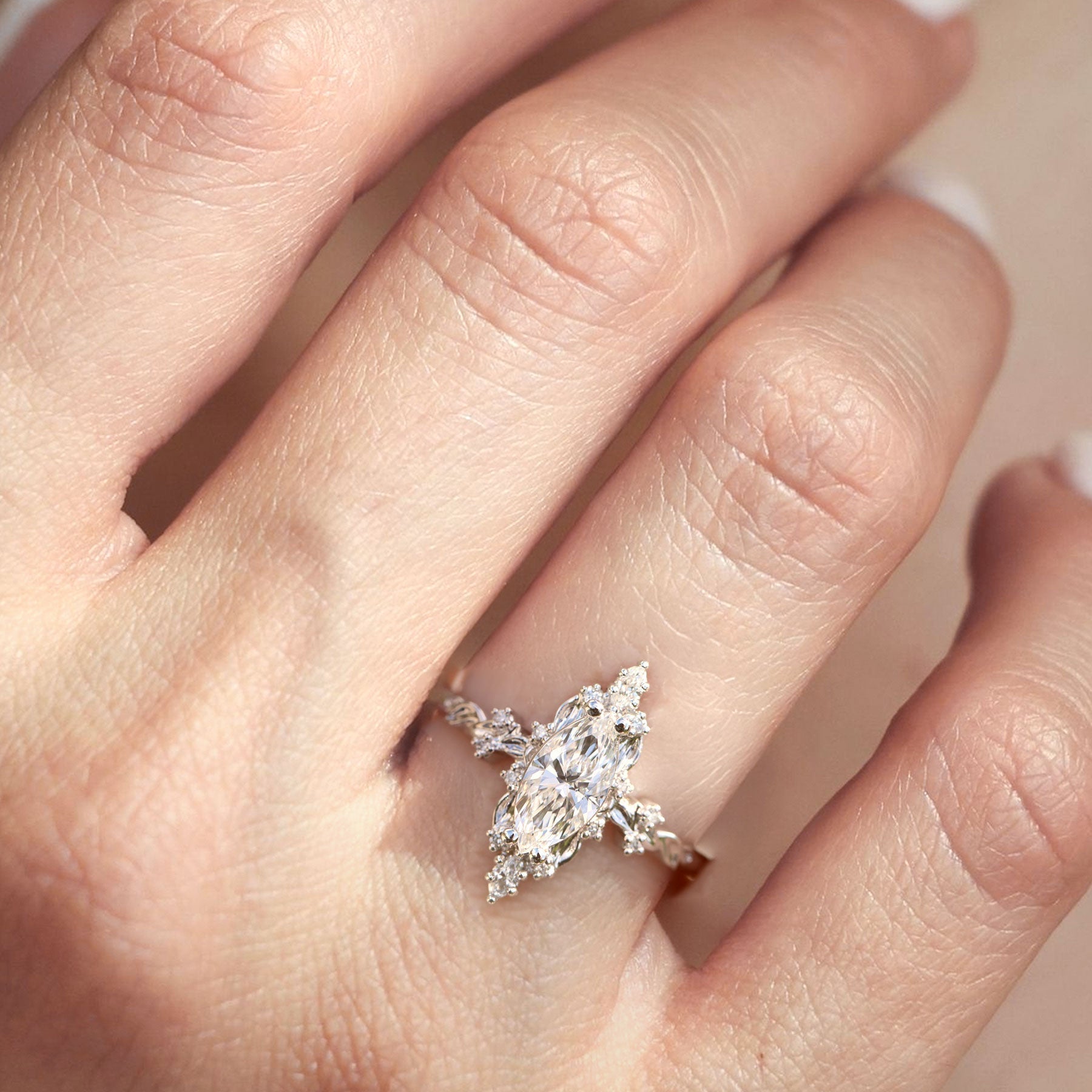Unique Briar Halo Marquise Moissanite 14k white gold Engagement Ring