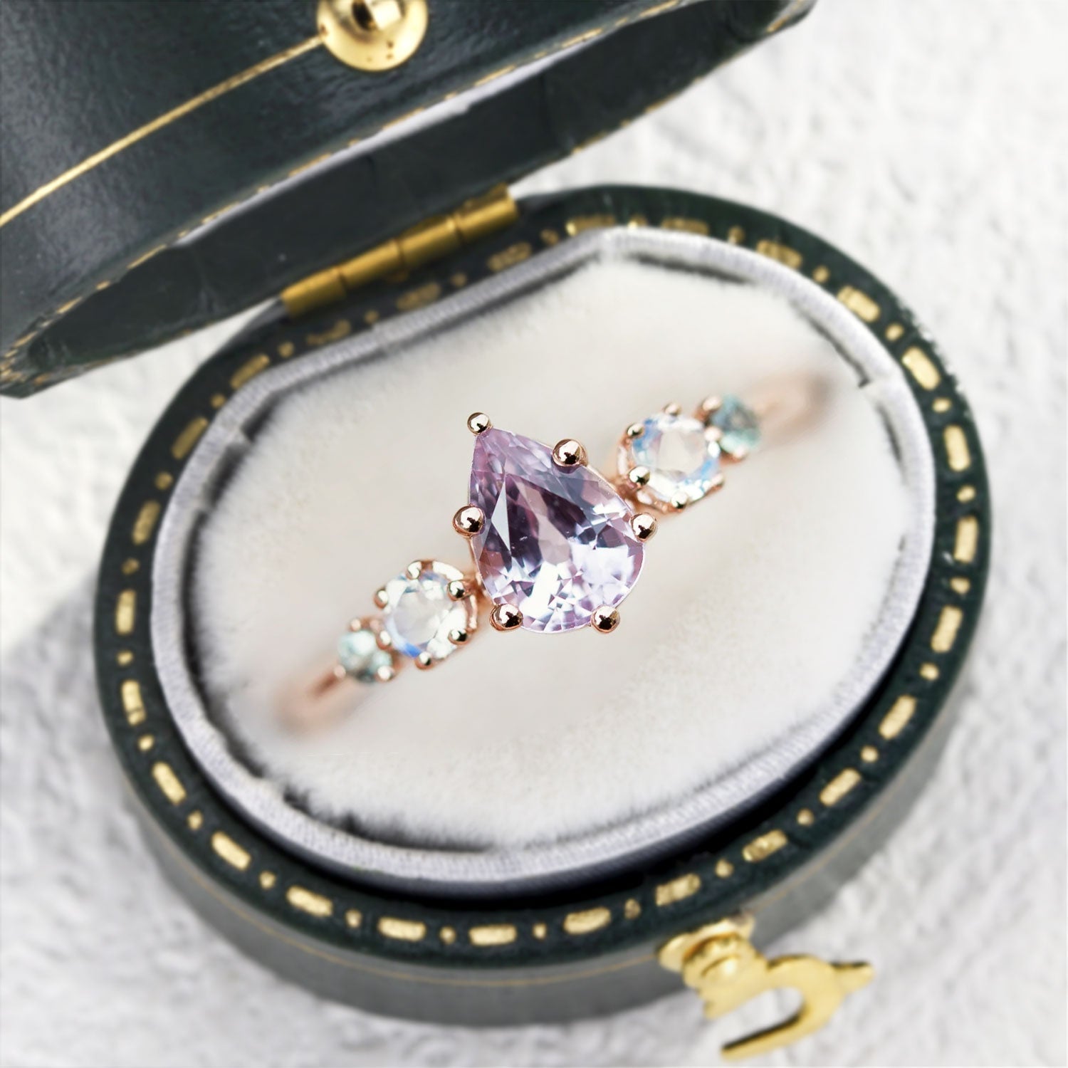 Vintage Pink Pear Sapphire and Moissanite 14k rose gold  Engagement Ring