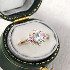 Woodland Three Stone Moissanite Pink Sapphire 14k yellow gold Engagement Ring