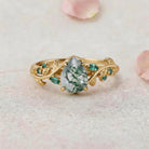 Vintage Nature-Inspired Pear Cut Moss Agate and Emerald 14K Yellow Gold Engagement Ring