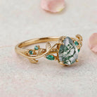 Vintage Nature-Inspired Pear Cut Moss Agate and Emerald 14K Yellow Gold Engagement Ring