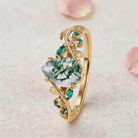 Vintage Nature-Inspired Pear Cut Moss Agate and Emerald 14K Yellow Gold Engagement Ring