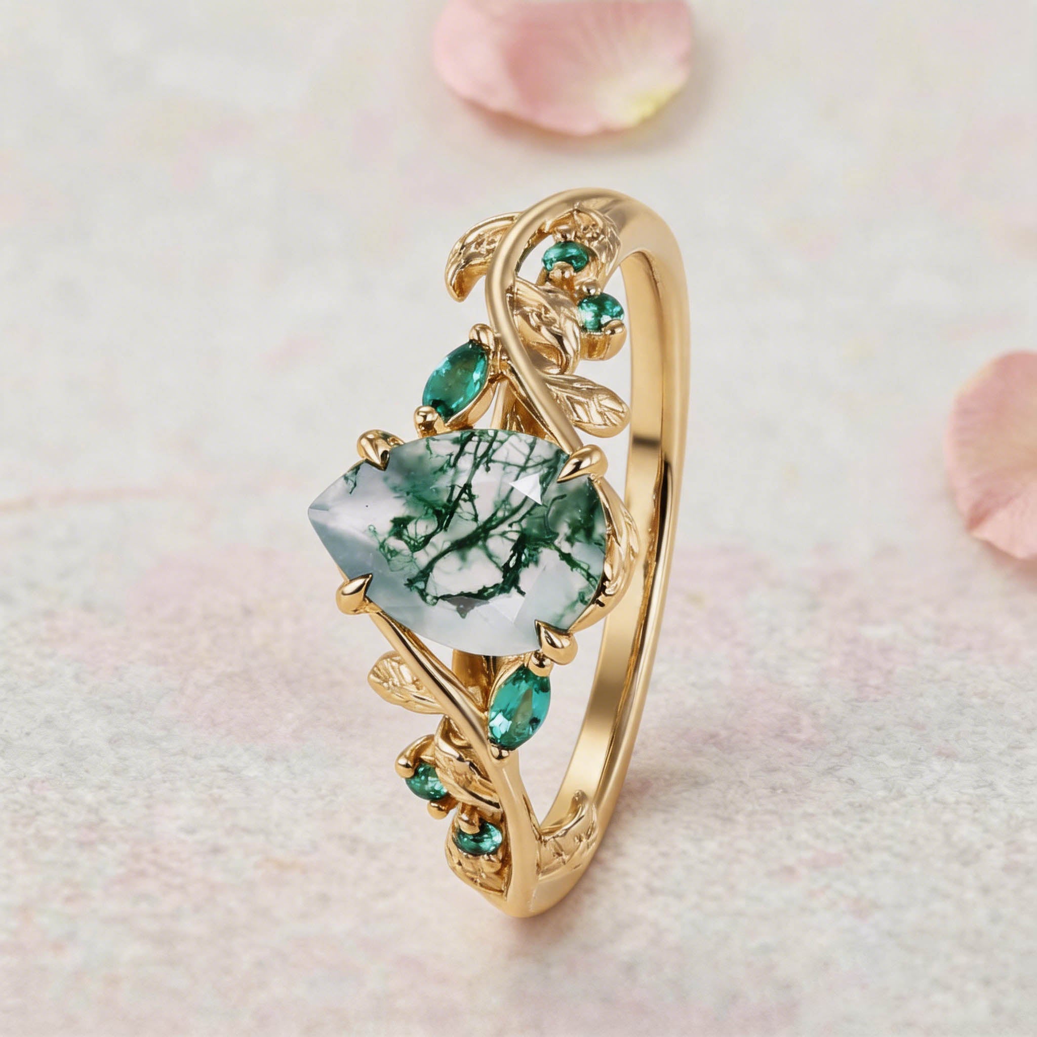Vintage Nature-Inspired Pear Cut Moss Agate and Emerald 14K Yellow Gold Engagement Ring