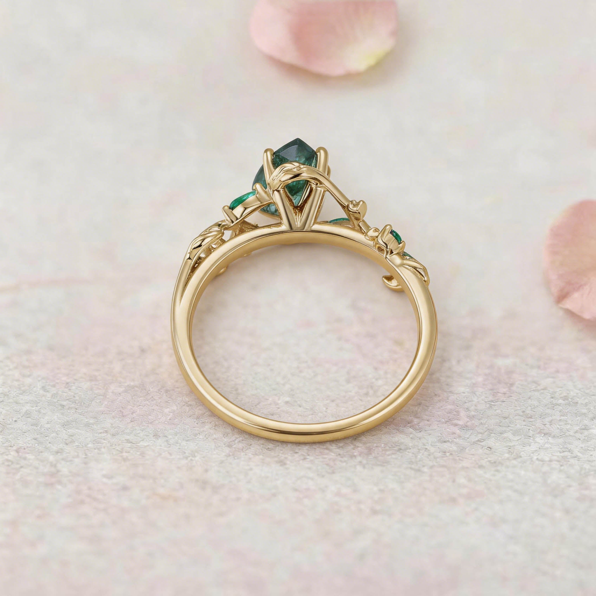 Vintage Nature-Inspired Pear Cut Moss Agate and Emerald 14K Yellow Gold Engagement Ring