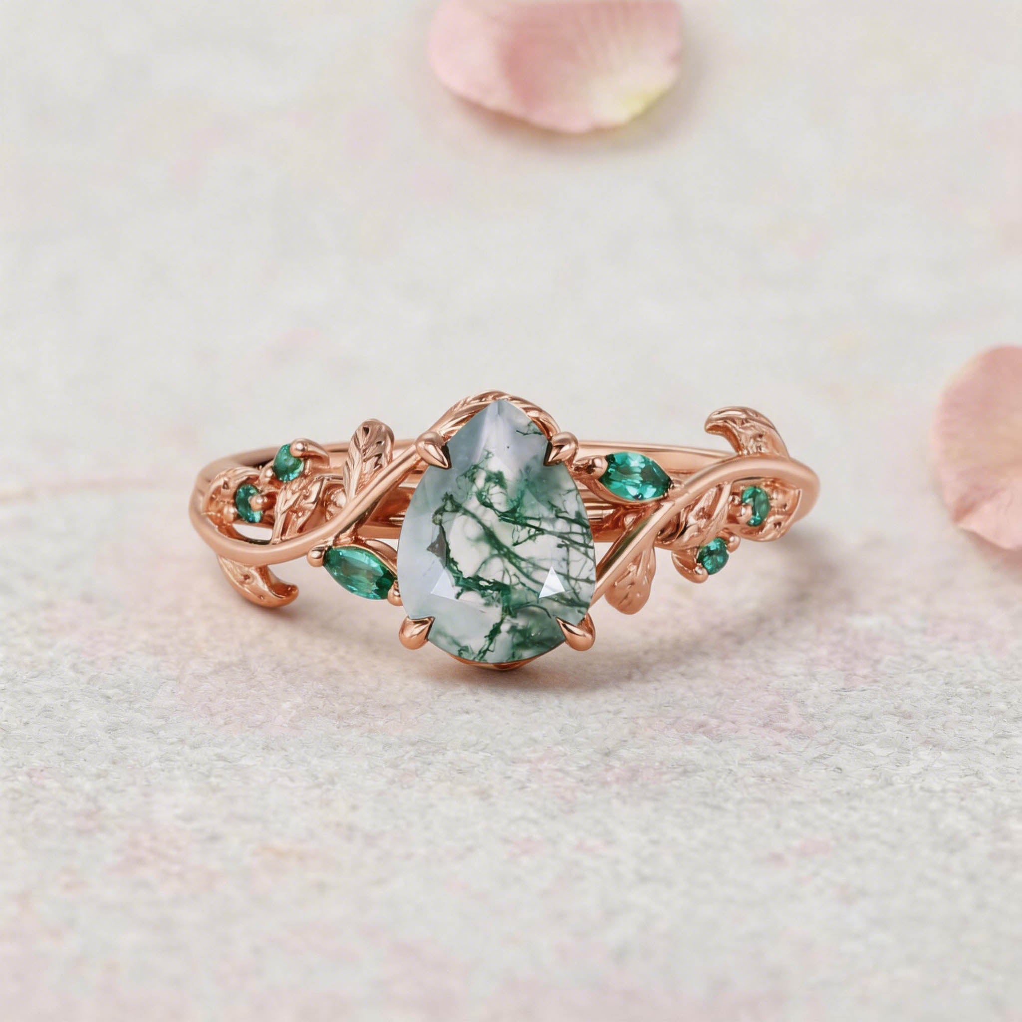 Vintage Nature-Inspired Pear Cut Moss Agate and Emerald 14K Yellow Gold Engagement Ring