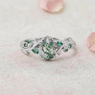 Vintage Nature-Inspired Pear Cut Moss Agate and Emerald 14K Yellow Gold Engagement Ring