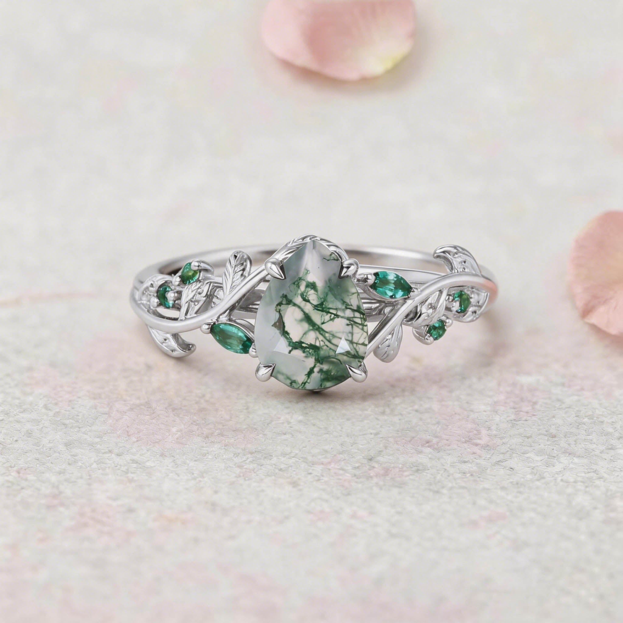 Vintage Nature-Inspired Pear Cut Moss Agate and Emerald 14K Yellow Gold Engagement Ring