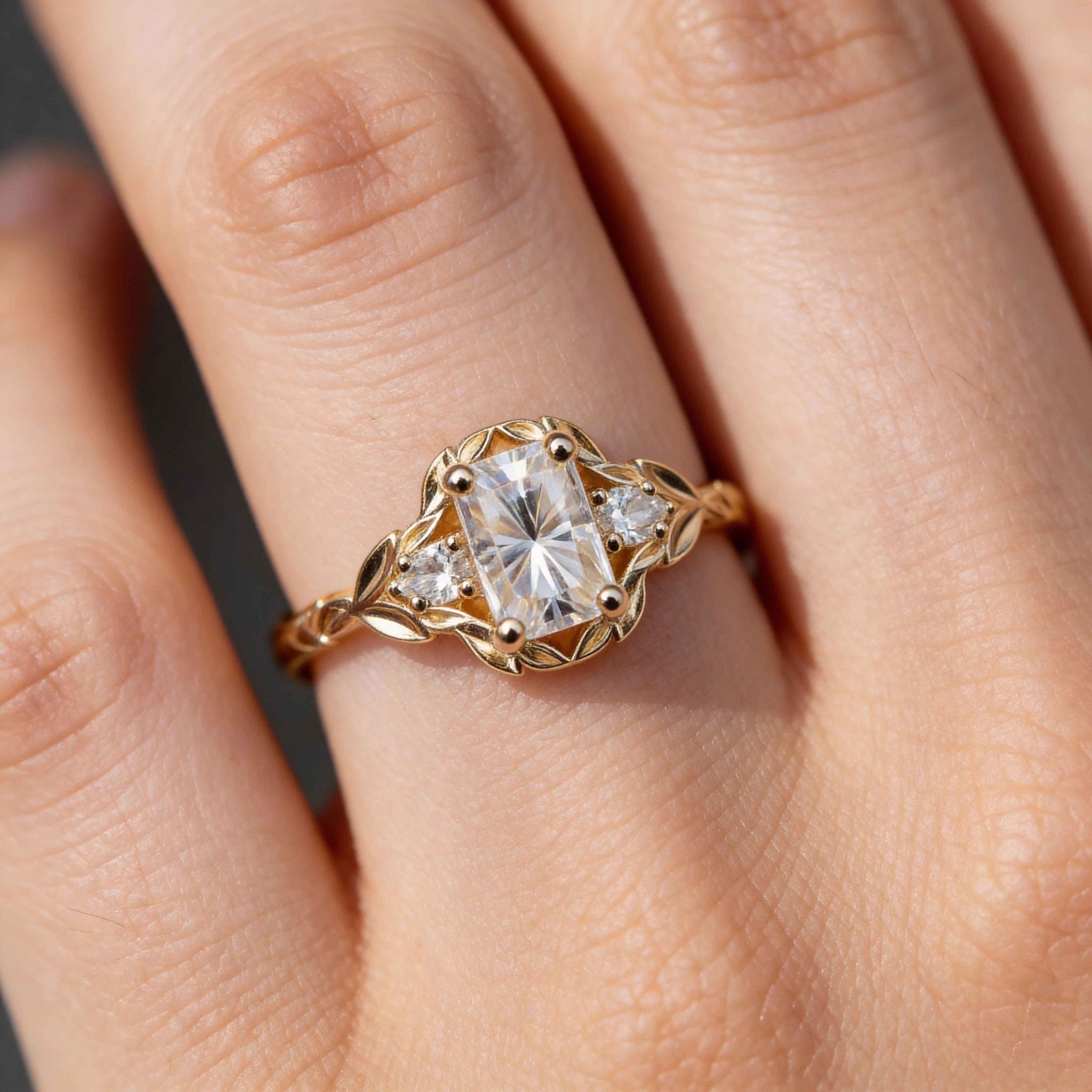 Wisteria Setting Radiant Moissanite Vintage 14k yellow gold Engagement Ring