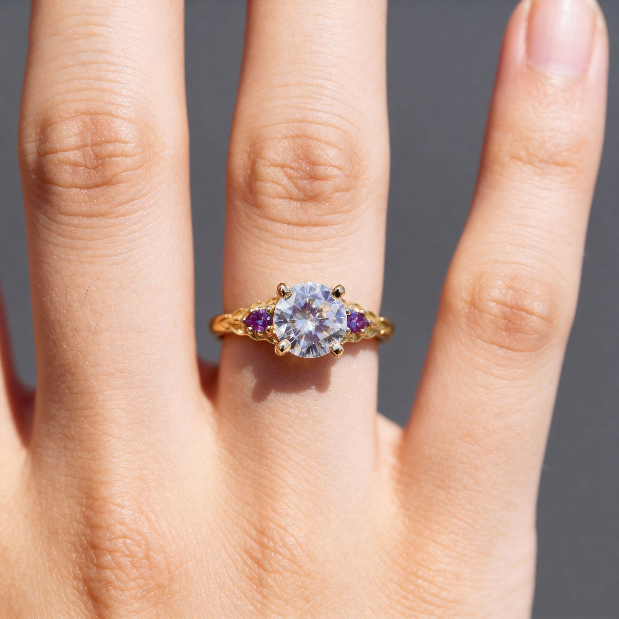 Unique Three Stone Round Lab Diamond 14k yellow gold Engagement Ring