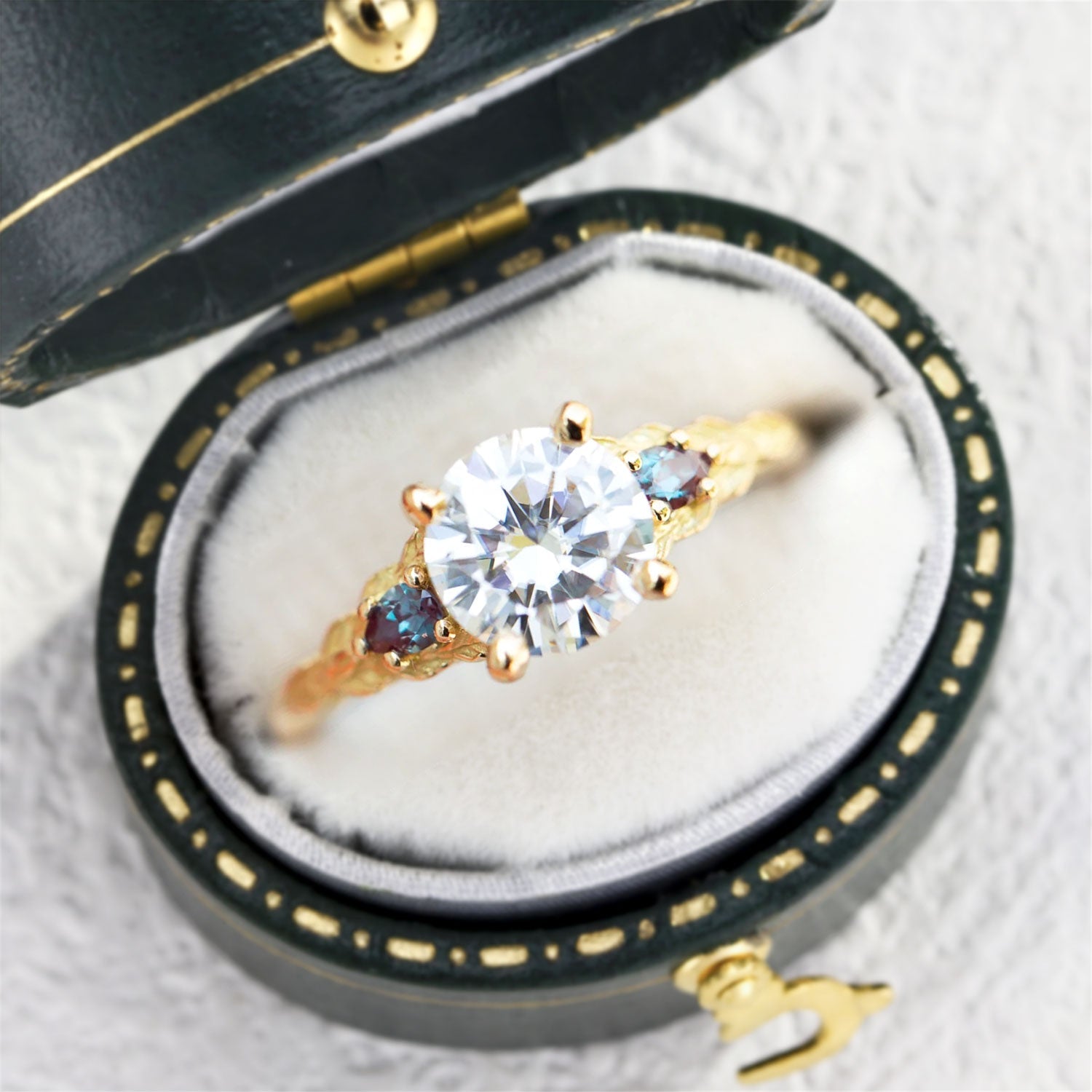 Unique Three Stone Round Lab Diamond 14k yellow gold Engagement Ring