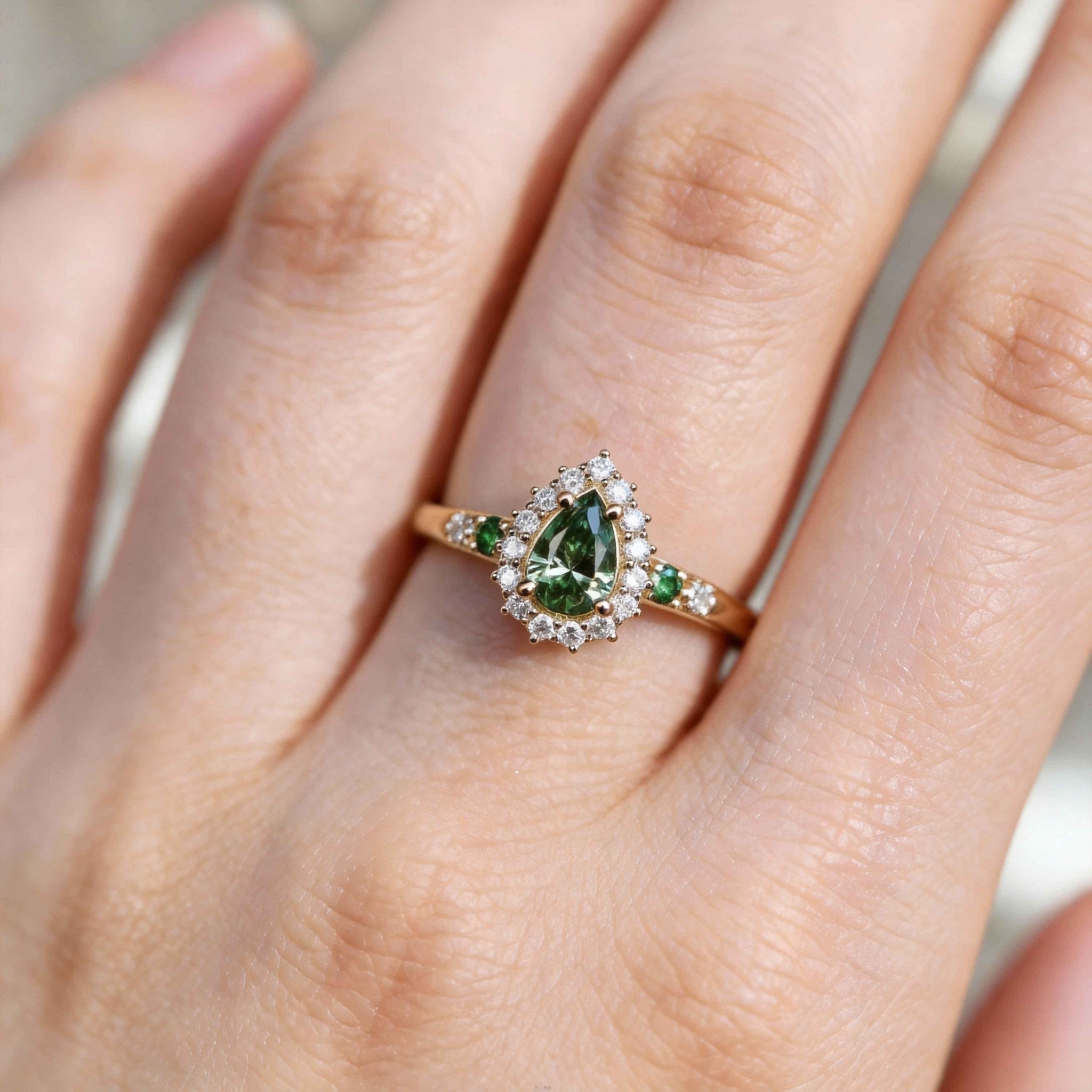 Pear Green Lab Sapphire Moissanite Halo 14k yellow gold Engagement Ring