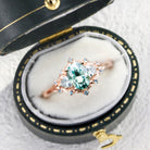 Woodland Three Stone Teal Moissanite 14k  rose gold Engagement Ring