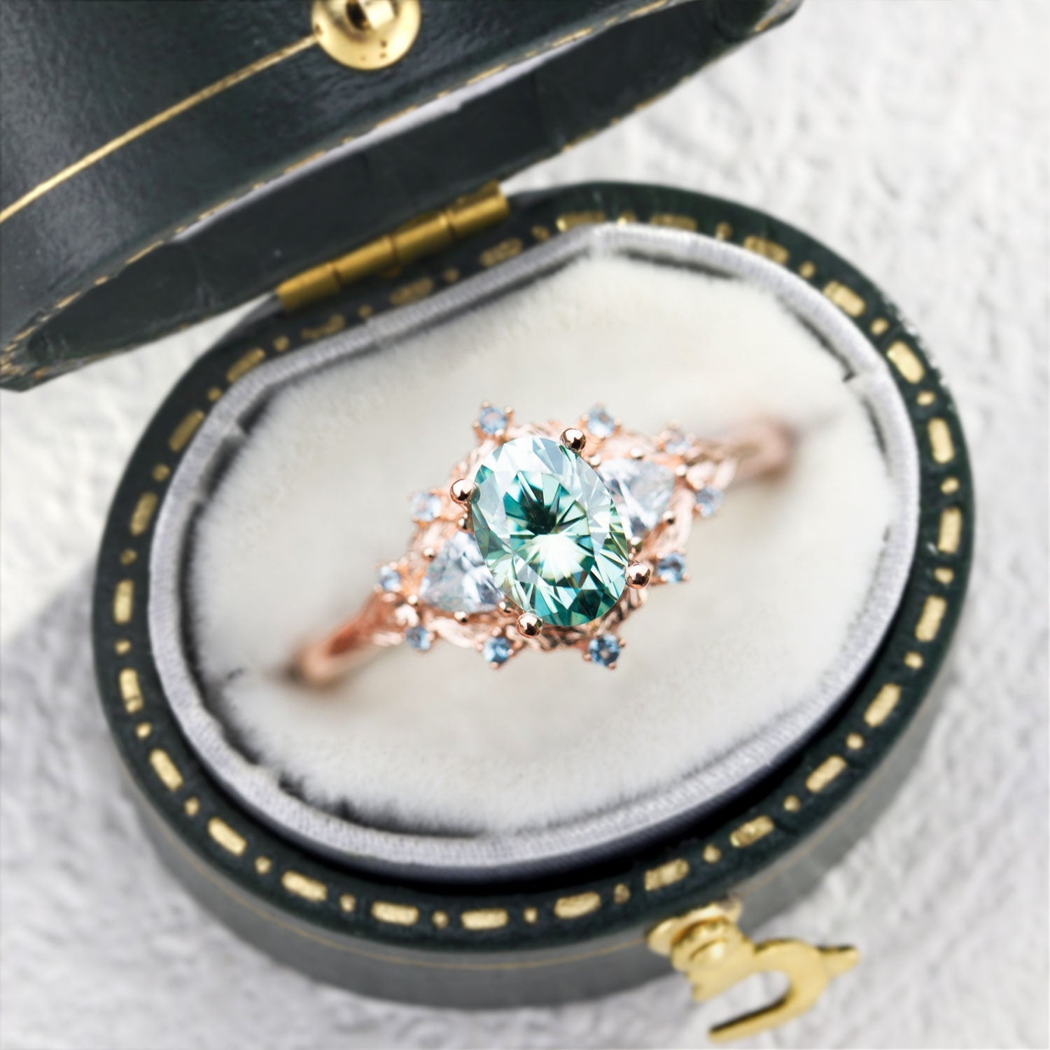 Woodland Three Stone Teal Moissanite 14k  rose gold Engagement Ring