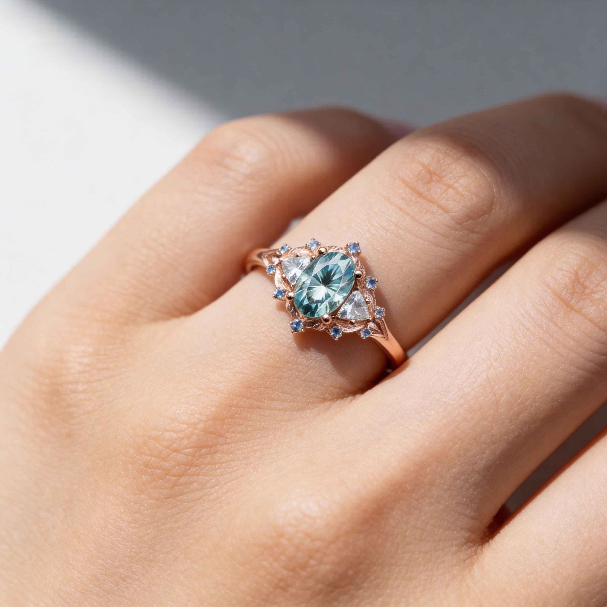 Woodland Three Stone Teal Moissanite 14k  rose gold Engagement Ring