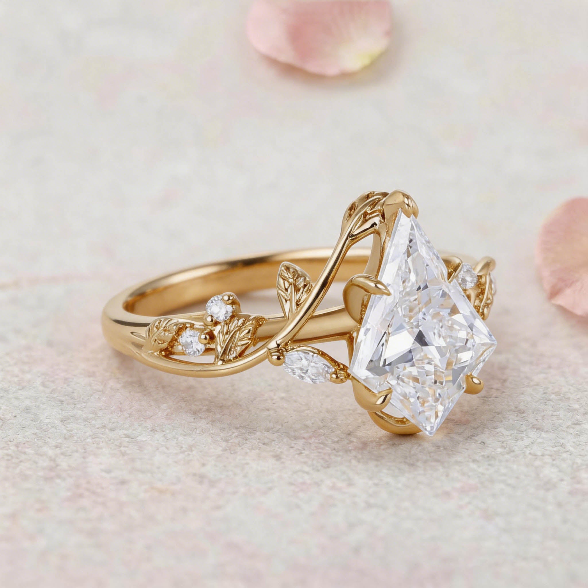Unique Vintage Botanical Kite Lab Grown Diamond 14K Yellow Gold Engagement Ring