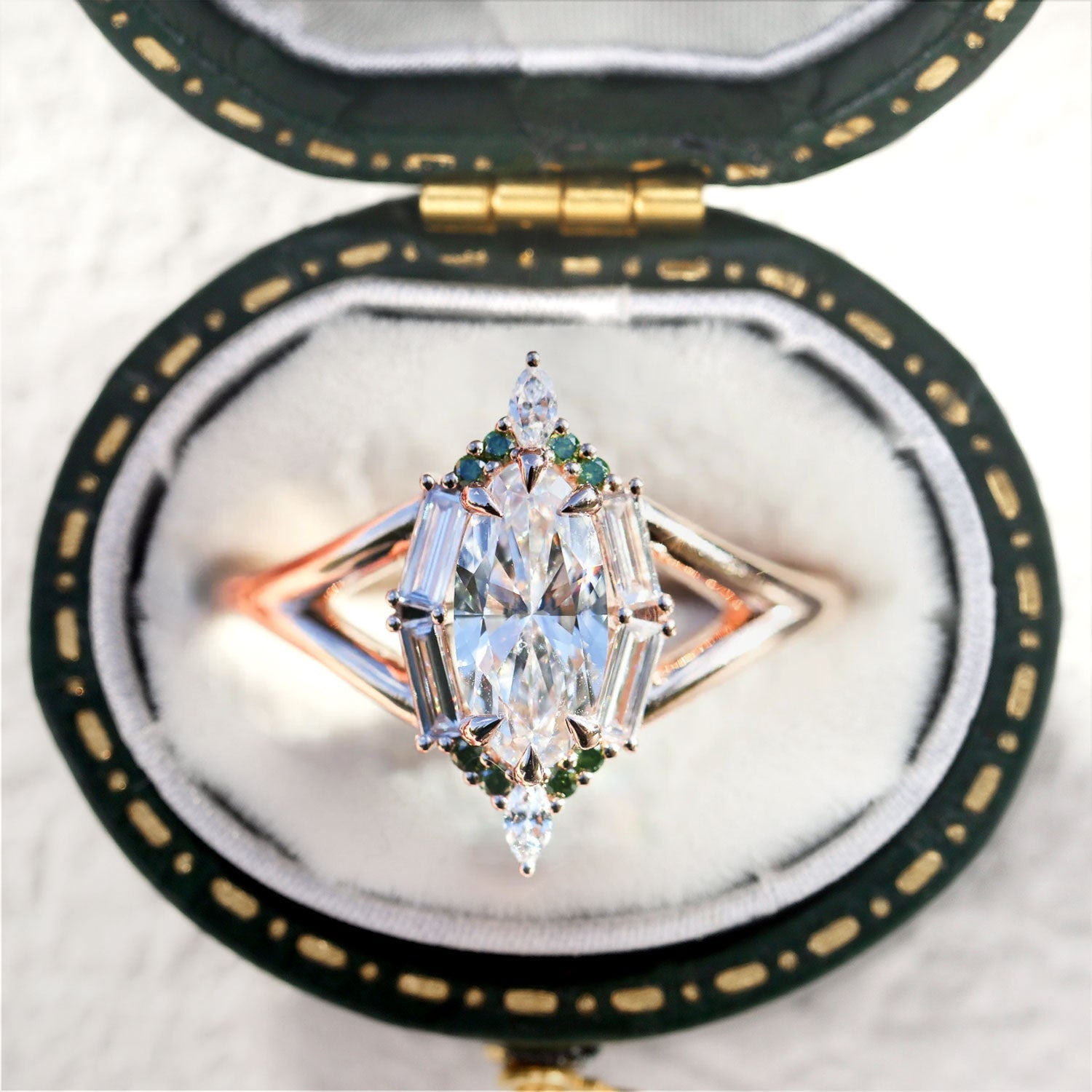 Unique Marquise Moissanite and Green Lab Sapphire 14k rose gold Engagement Ring