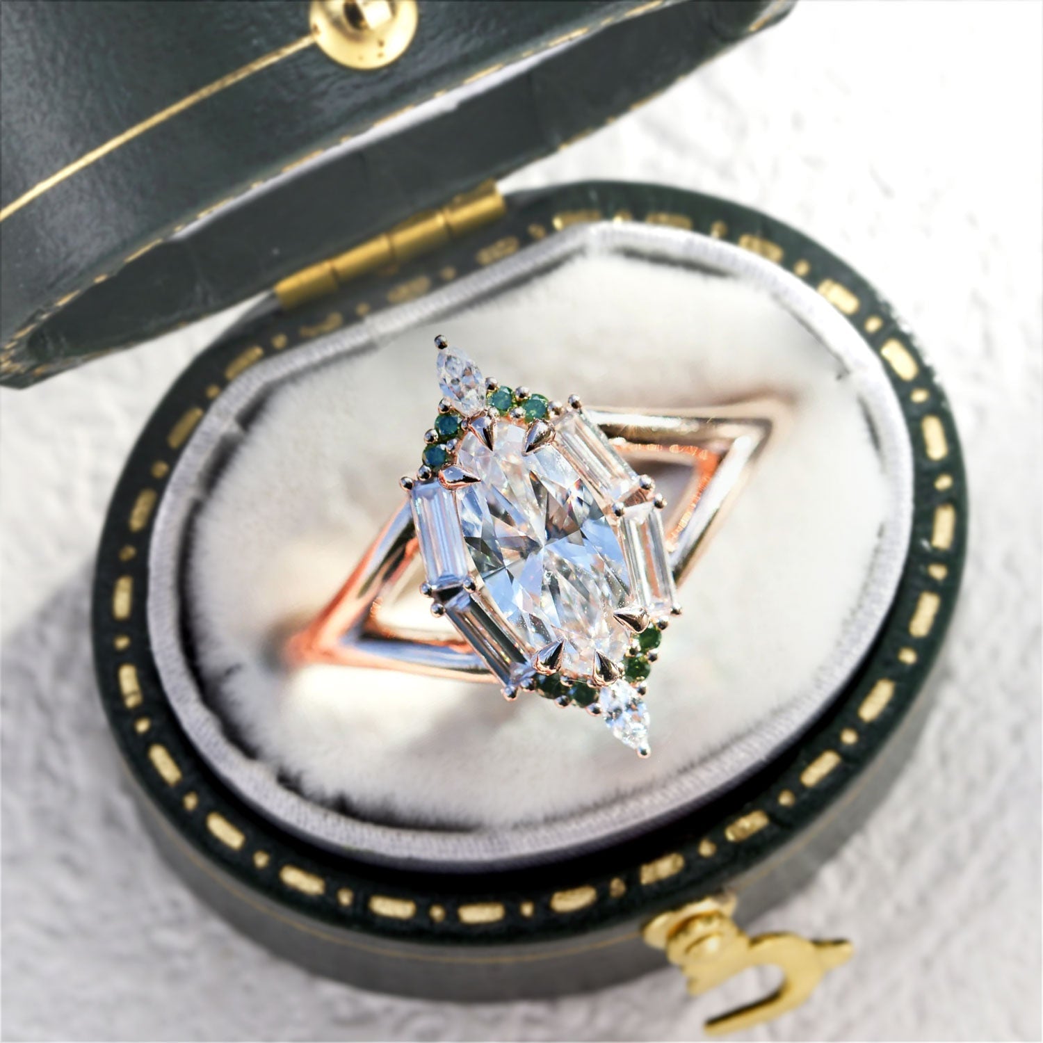 Unique Marquise Moissanite and Green Lab Sapphire 14k rose gold Engagement Ring