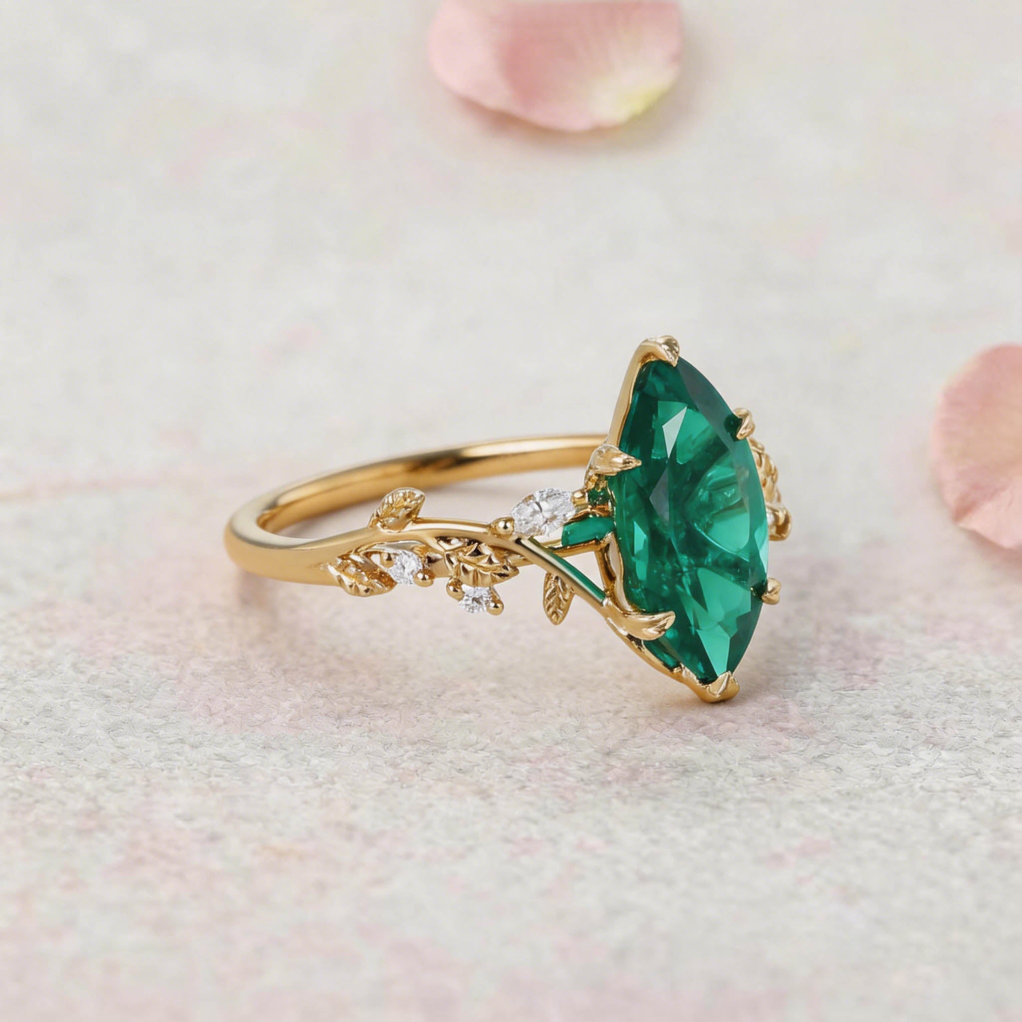 Vintage Vine Marquise Cut Lab Emerald and Diamond Bypass 14K Yellow Gold Engagement Ring