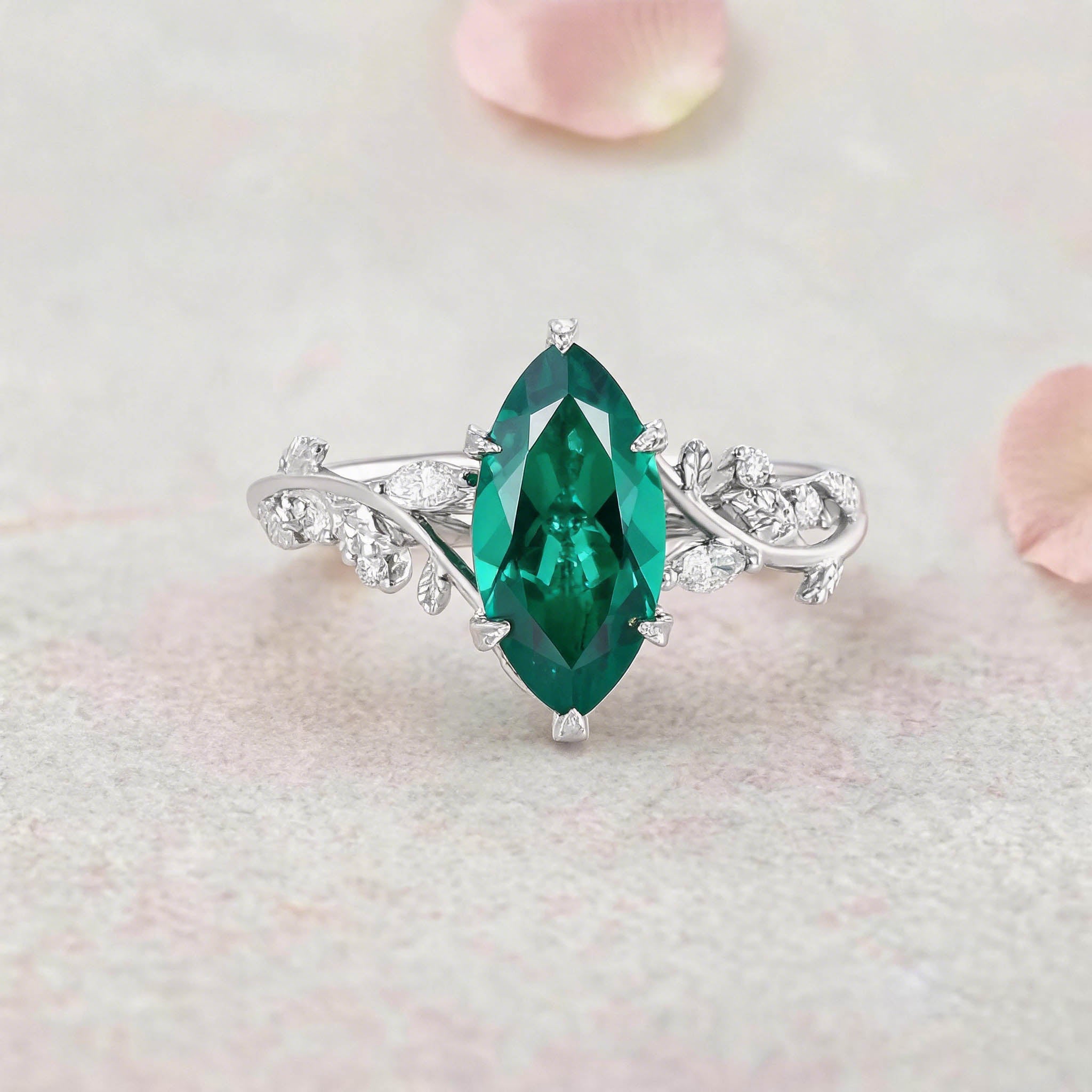 Vintage Vine Marquise Cut Lab Emerald and Diamond Bypass 14K Yellow Gold Engagement Ring
