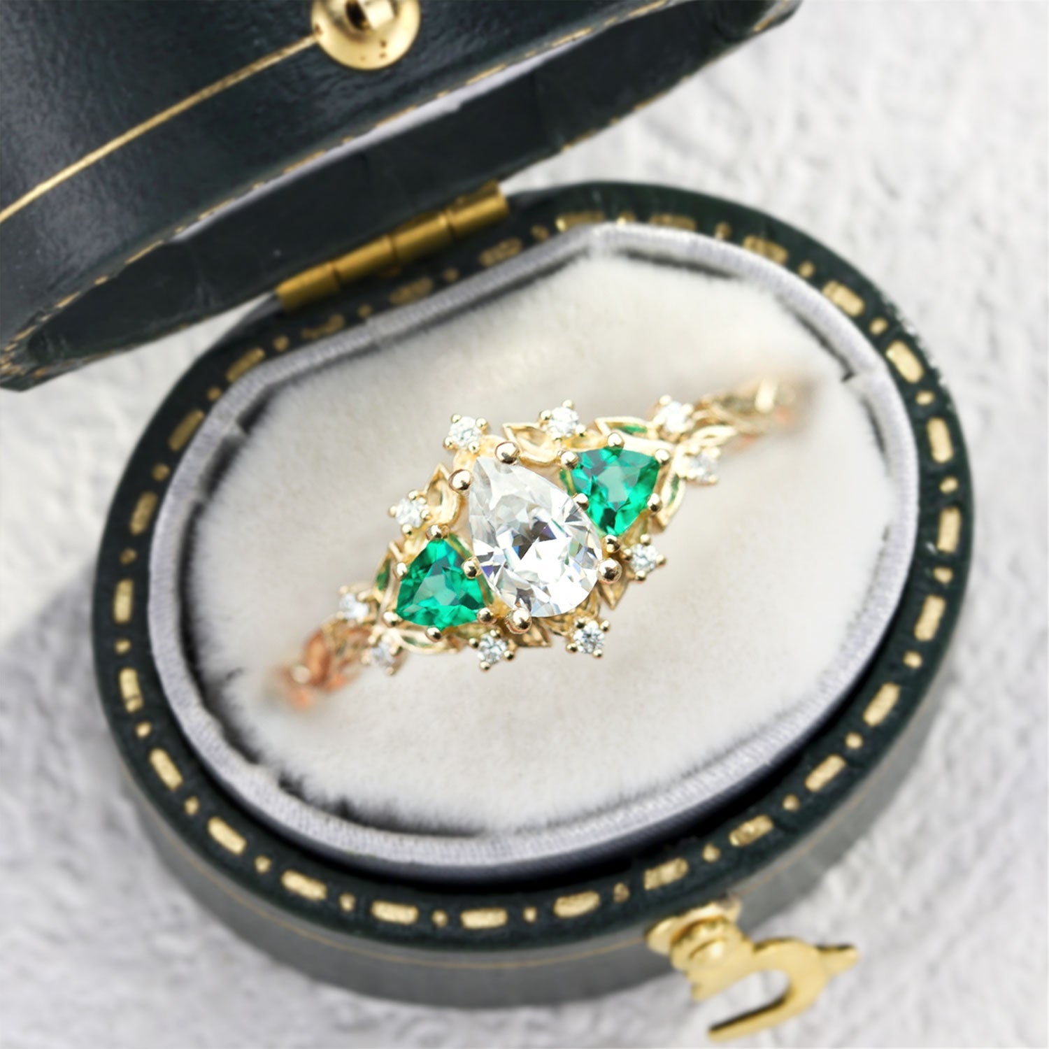 Unique Briar Rose Pear Moissanite and Emerald 14k yellow gold Ring