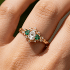 Unique Briar Rose Pear Moissanite and Emerald 14k yellow gold Ring