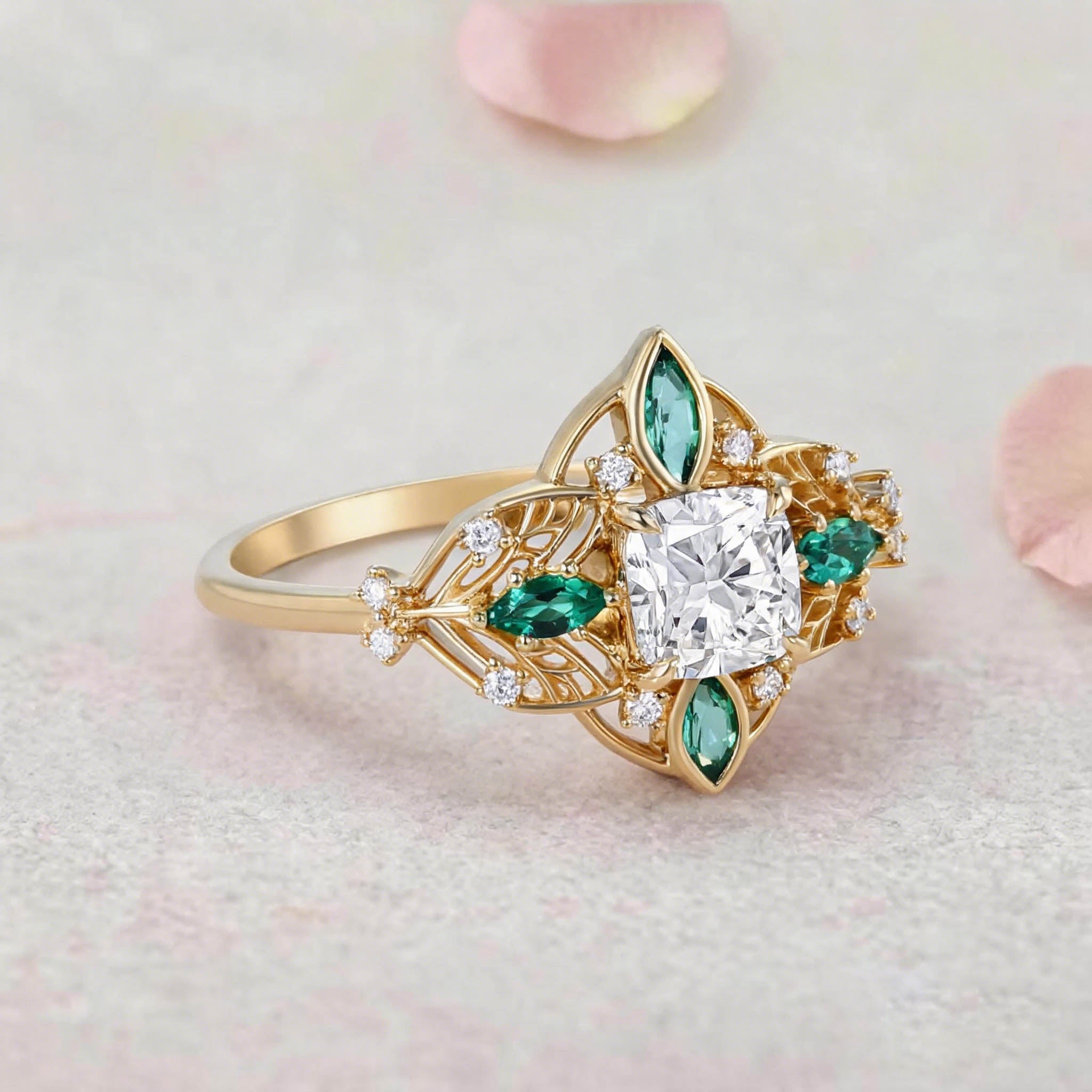 Vintage Floral Round Lab Grown Diamond 14K Yellow Gold Bridal Ring Set