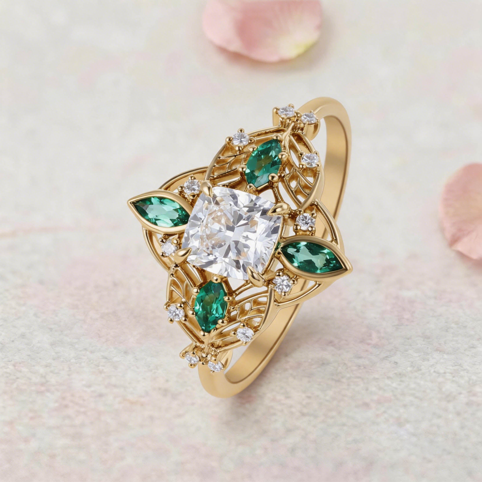 Vintage Floral Round Lab Grown Diamond 14K Yellow Gold Bridal Ring Set