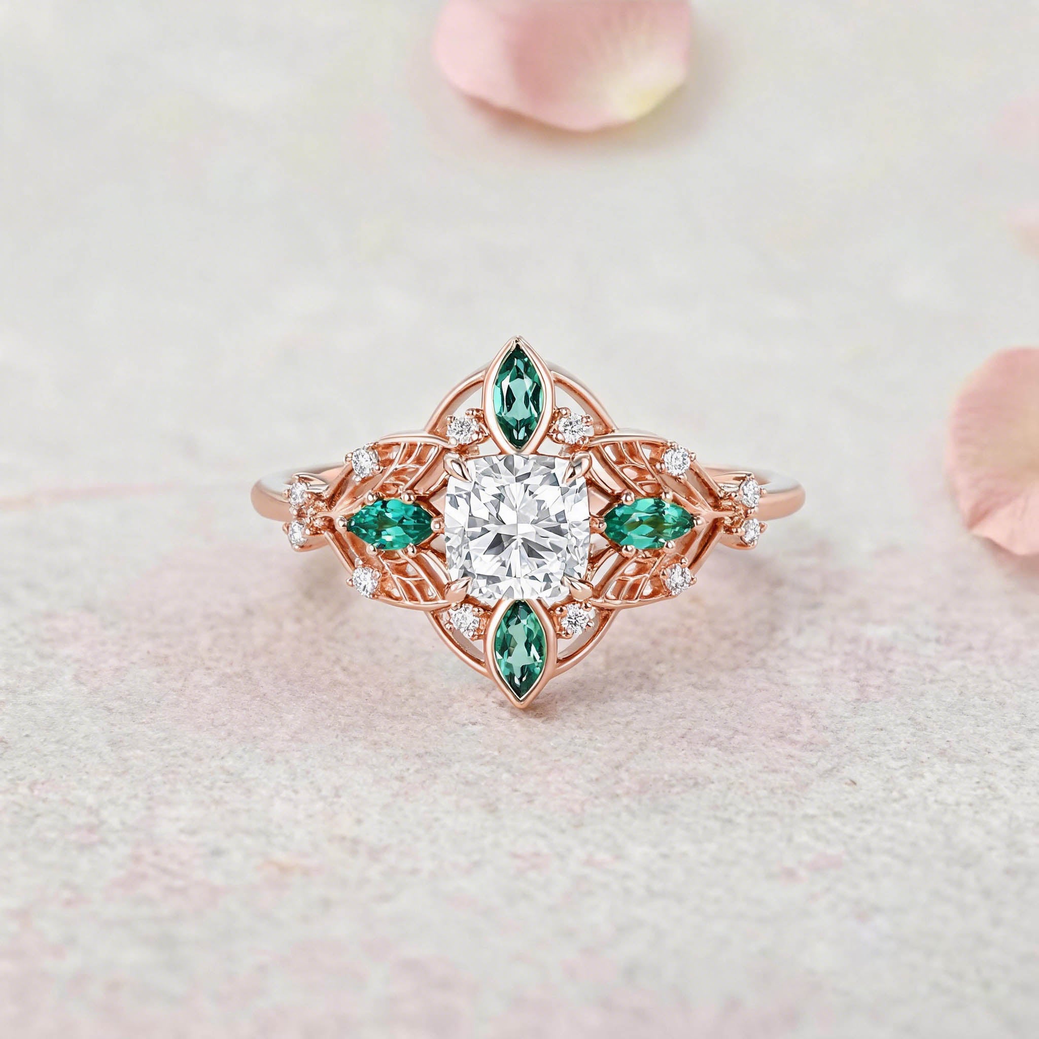 Vintage Floral Round Lab Grown Diamond 14K Yellow Gold Bridal Ring Set