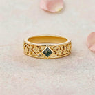 Vintage Floral Relief Princess Cut Moss Agate 14K Yellow Gold Wedding Band